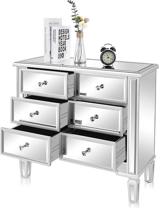VINGLI Mirrored Dresser for Bedroom with 6 Storage Drawer Modern Chest of Drawers, Silver, 32”L x 12”W x 28”H