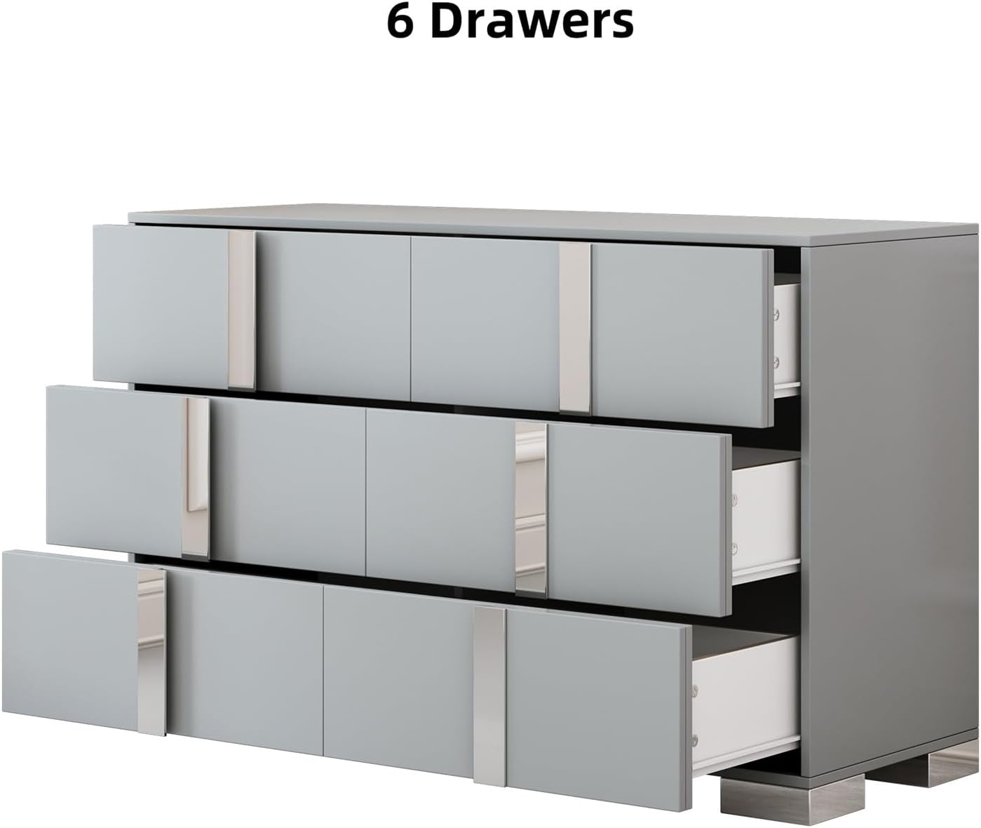 Merax 6 Drawer Wood Dresser for Bedroom, Modern Storage Cabinet Chests with Mirrored Metal Handle Office Furniture, Grey