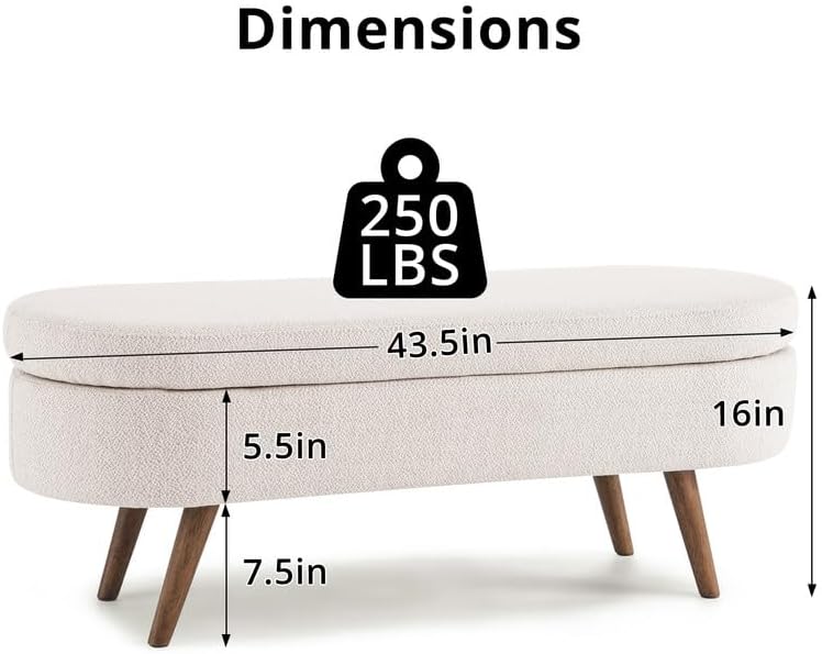 Oval Storage Ottoman Bench, 43.5 Inches Ottoman with Storage, Linen Upholstered Bench with Storage, Safety Hinge Flip Top, Solid Wood Legs for Living Room, Entryway, 250 lbs Load, Beige