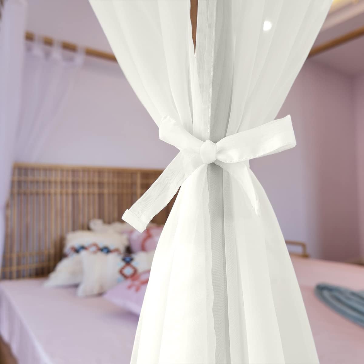 Linentalks Sheer Canopy Bed Curtains for King, Queen, Full and Twin Bed, 4 Corner Bed Canopies & Drapes, Four Poster Bed Canopy Curtains Beds, Sheer Curtains for Canopy Bed Drapes, Ivory