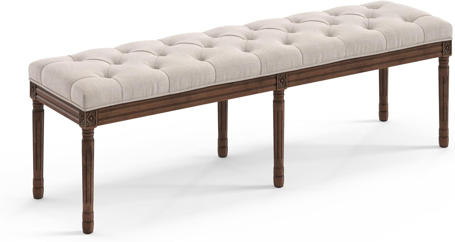 LUE BONA 60" Fabric End of Bed Bench, Upholstered Tufted French Bedroom Bench with Carved Dark Brown Legs for Bedroom End of King Size Bed, Living Room, Linen