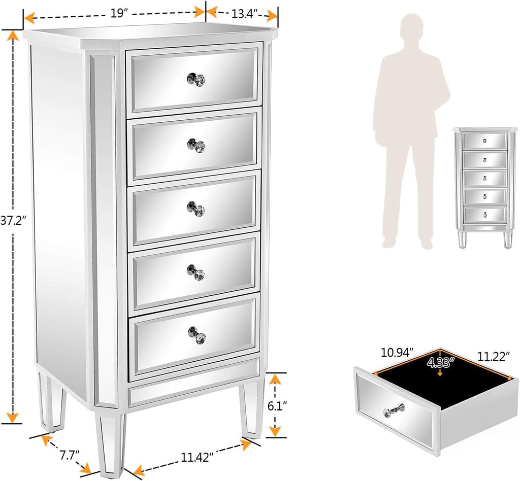 VINGLI VNGLI Mirrored Dresser 5 Drawers Modern Chest, Mirrored Chest of Drawers, Glass Dresser for Bedroom, Dressing Room, Living Room, Silver