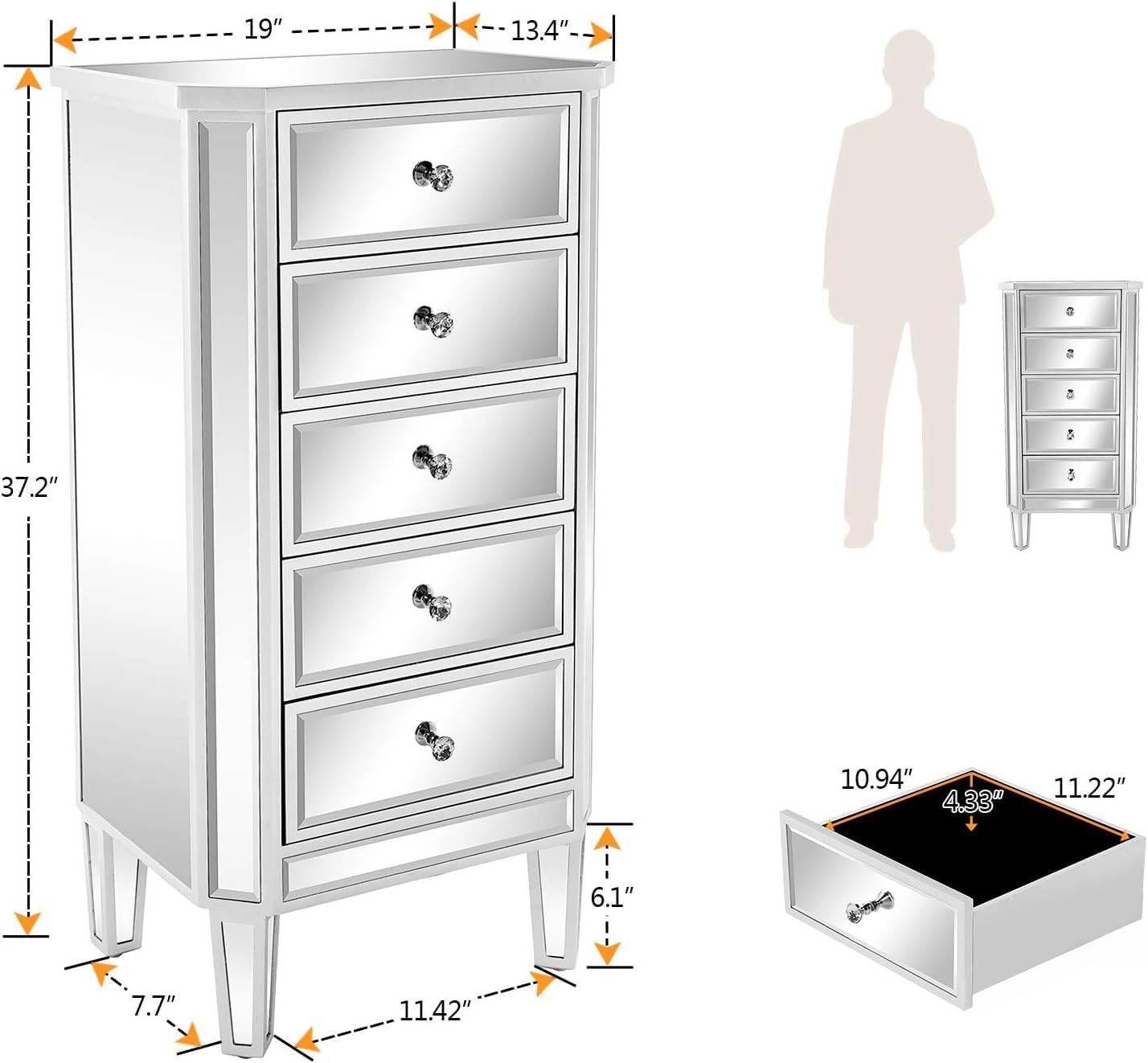Bonnlo Mirrored Dresser 5 Mirror Drawers, Mirror Chest of Drawers, Glass Dresser Mirror, Glass Chest, Mirrored Nightstand Tall for Bedroom, Living Room, Silver