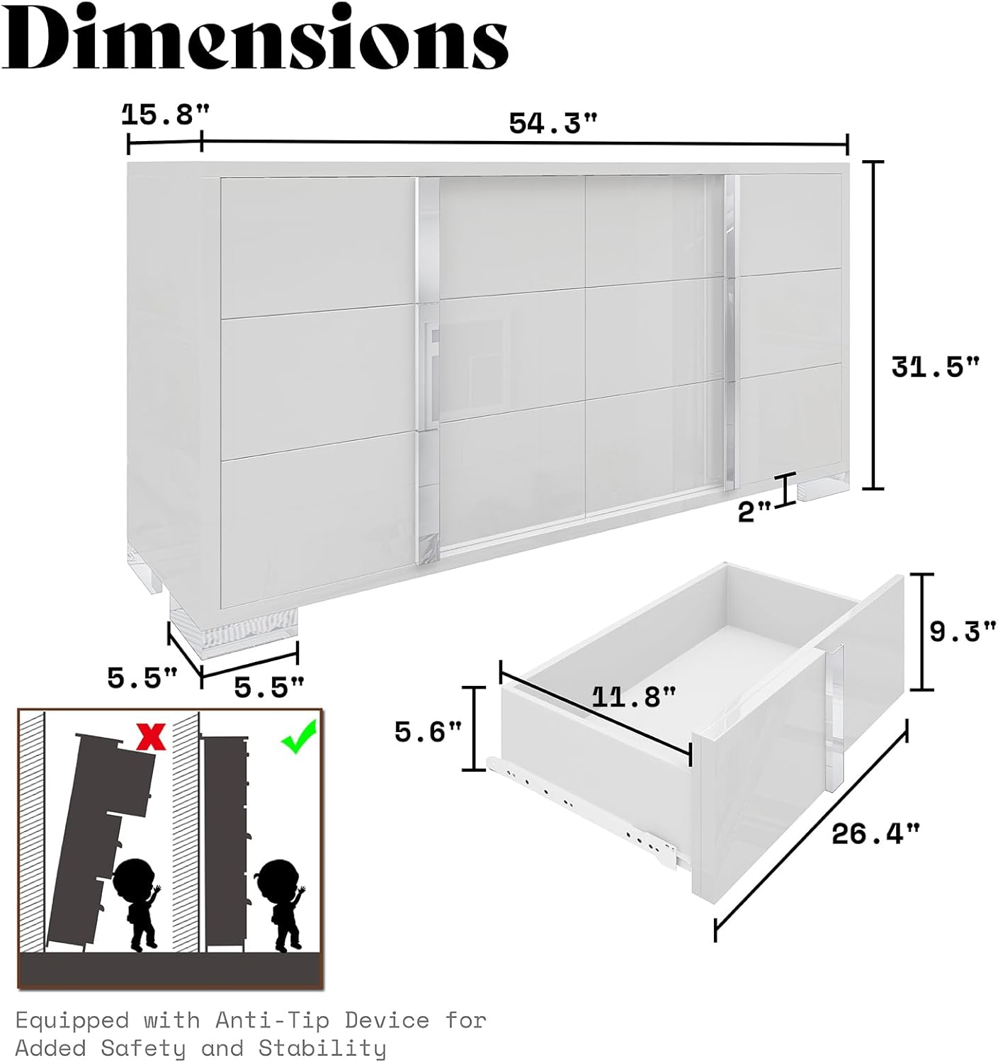 AMERLIFE 54" W High Gloss 6 Drawers Dressers with Silver Grooved Handles, Modern Storage Chest of Drawers with Wide Tabletop, for Bedroom/Dressing Room/Living Room, White