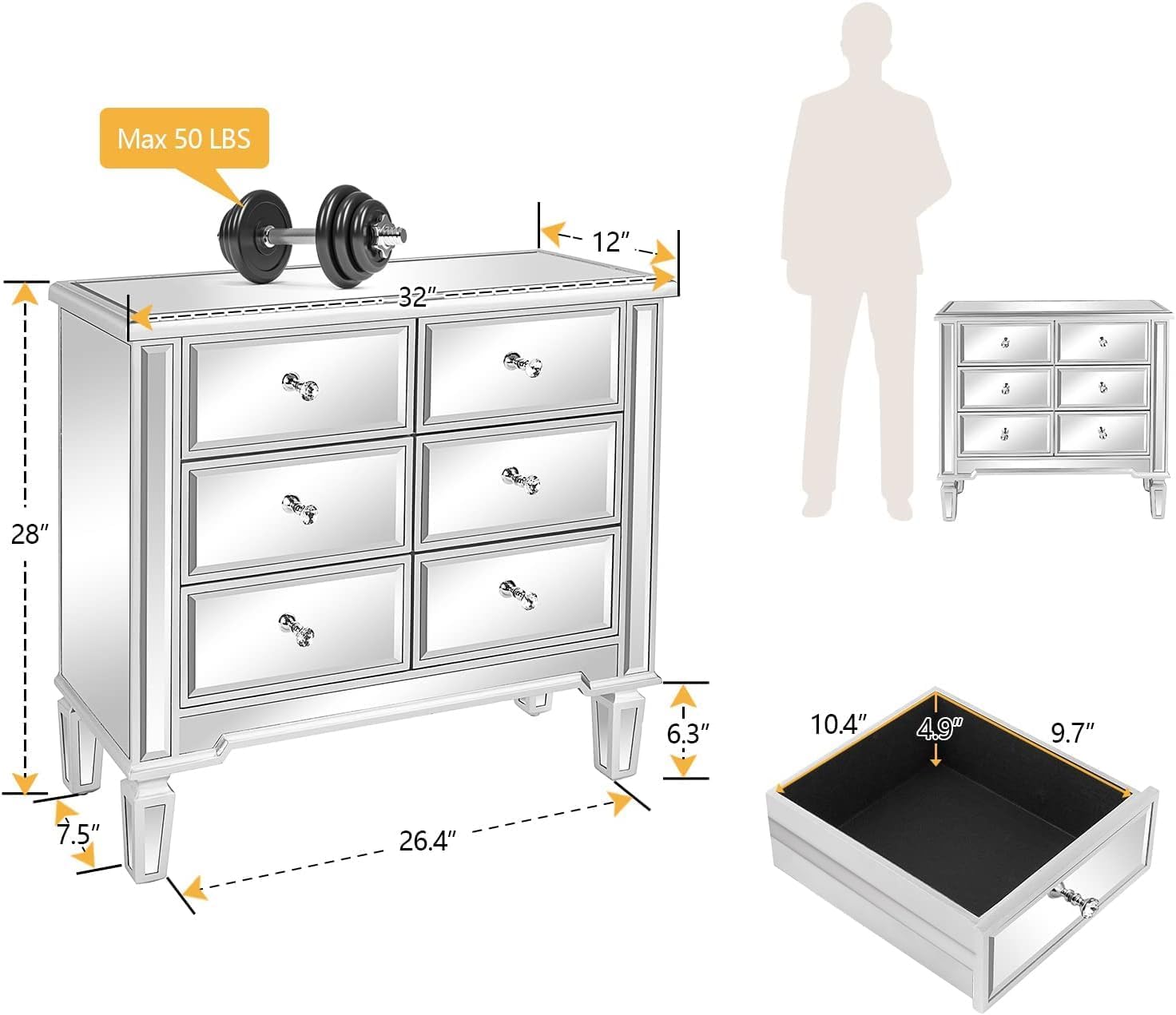 VINGLI Mirrored Dresser for Bedroom with 6 Storage Drawer Modern Chest of Drawers, Silver, 32”L x 12”W x 28”H
