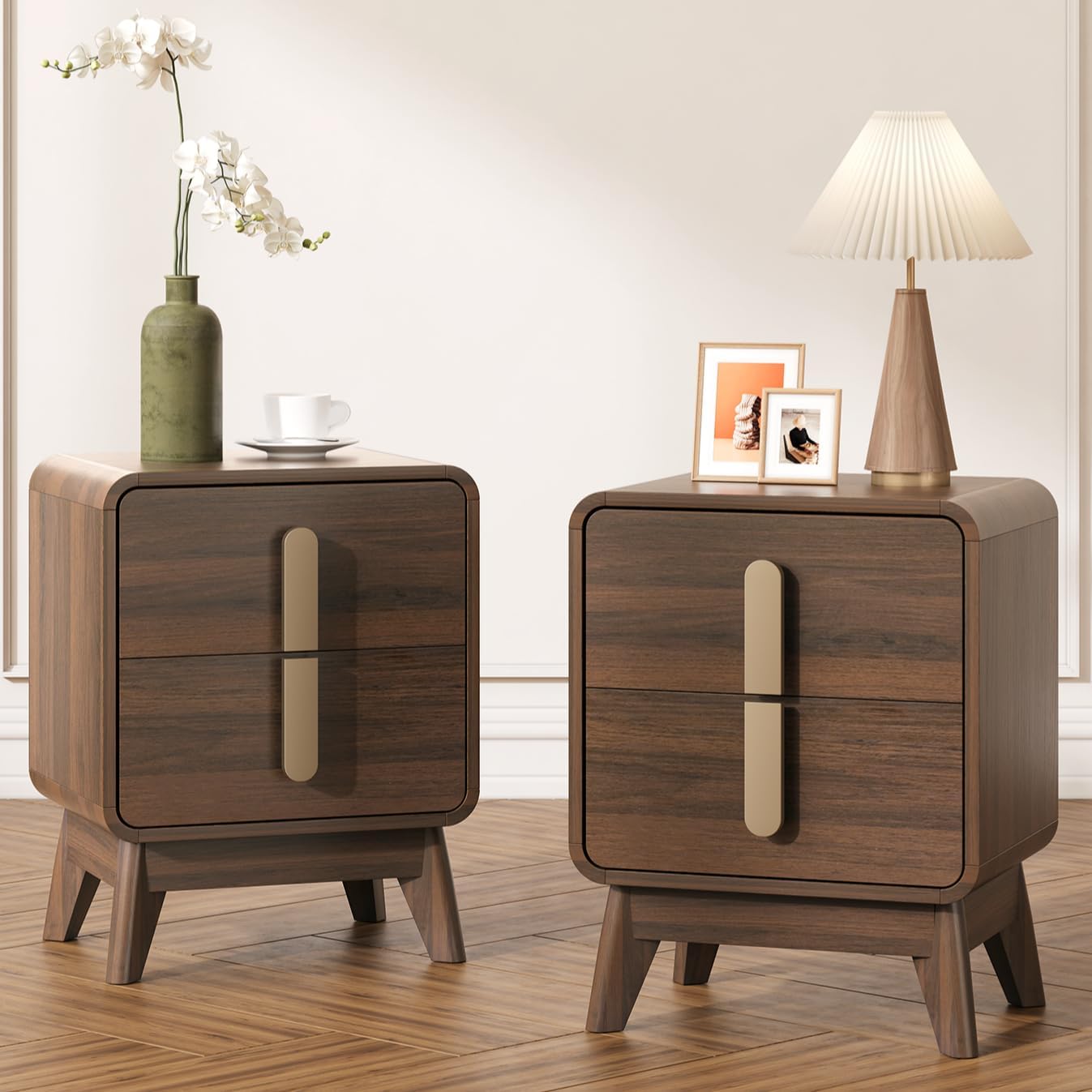 Nightstands Set of 2, Mid Century Modern Nightstand with Drawers, Bedside Tables with Solid Wood Legs, End Side Tables for Bedroom, Small Space,Walnut