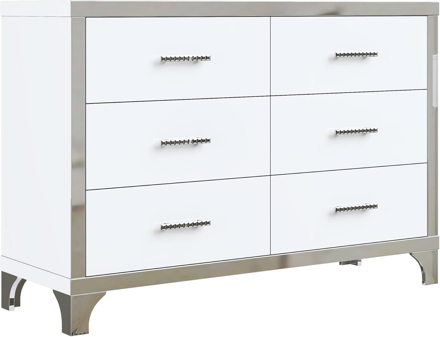 Elegant High Gloss Dresser with Metal Handle,Mirrored Storage Cabinet with 6 Drawers for Bedroom,Living Room,White