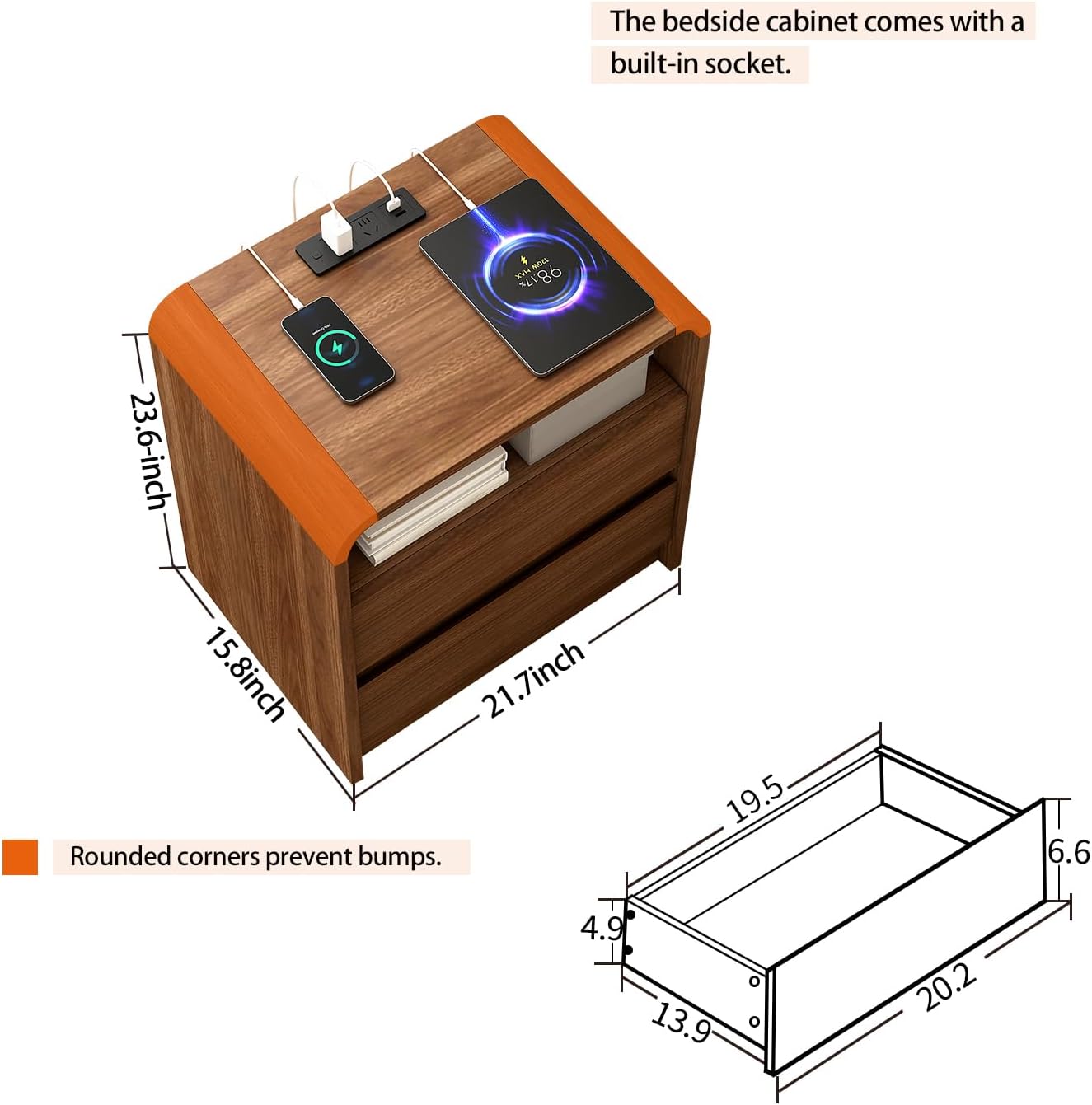 Walnut Nightstand Set of 2 with Charging Station, 21 Inch Wide Night Stand with Drawers, Modern Bedroom Bedside End Table with Round Corners Anti-Collision Design for Dorm, Sofa, Office