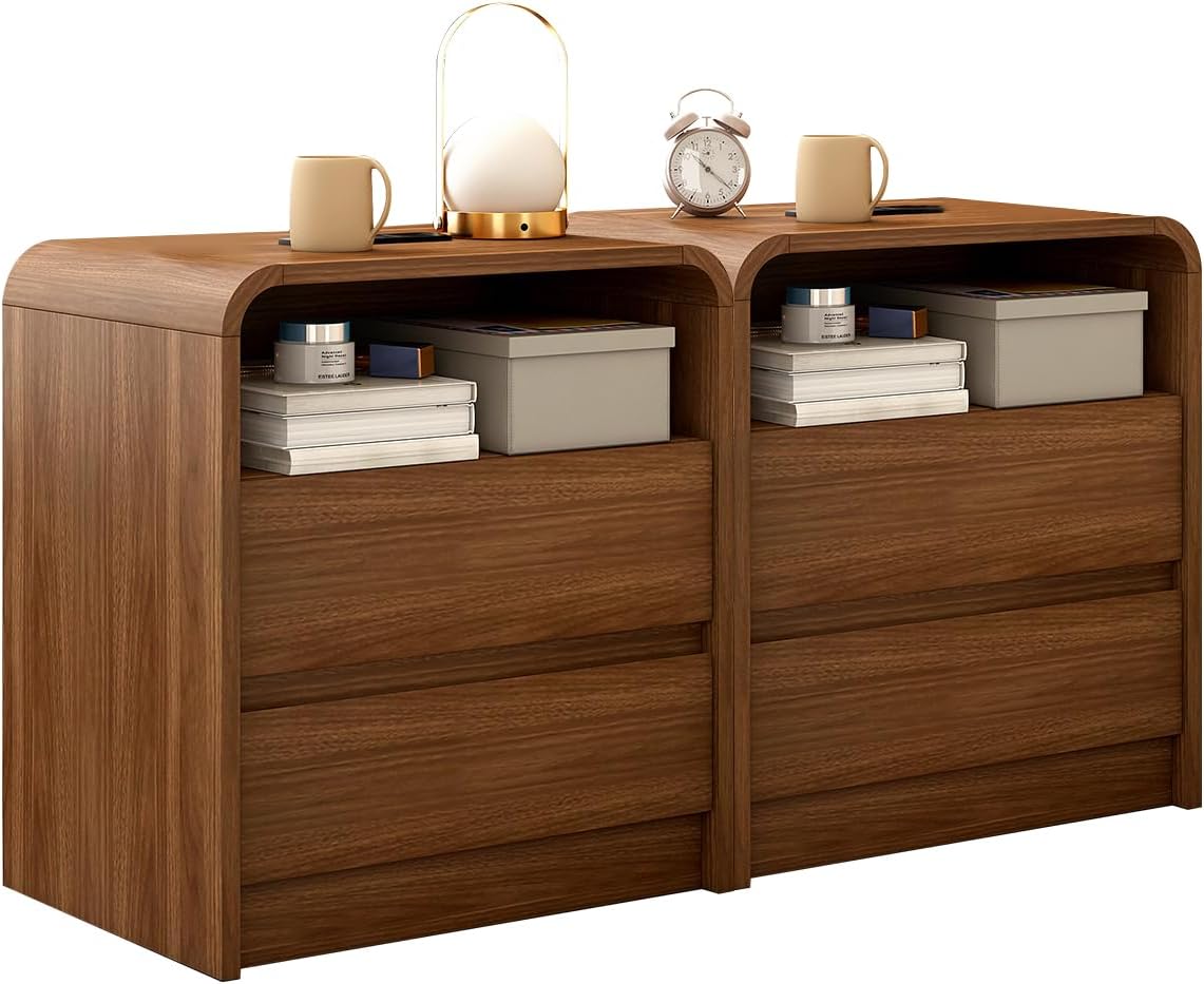 Walnut Nightstand Set of 2 with Charging Station, 21 Inch Wide Night Stand with Drawers, Modern Bedroom Bedside End Table with Round Corners Anti-Collision Design for Dorm, Sofa, Office