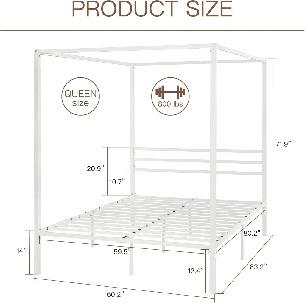 ikalido Queen Size Metal Canopy Bed Frame, Modern Four-Poster Platform Bed Frame, Mattress Foundation with Metal Slat Support/Under-Bed Storage Space/No Box Spring Needed/White