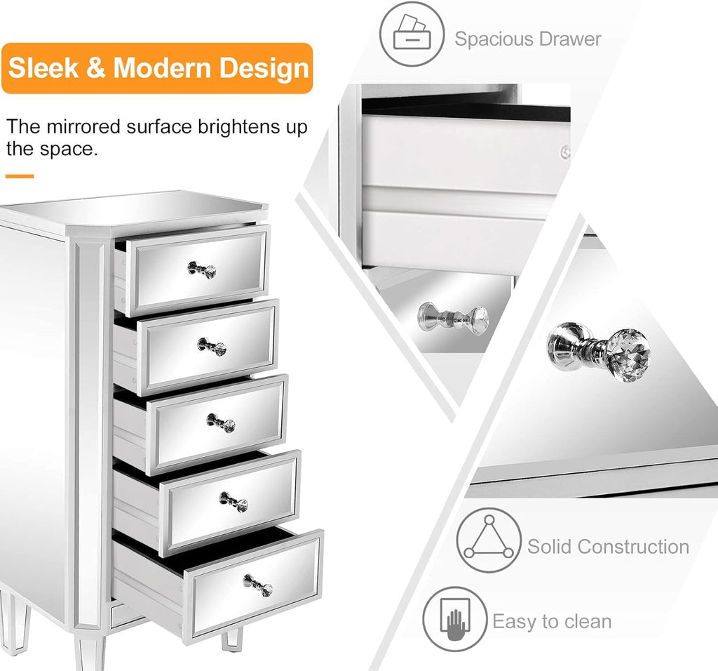 Bonnlo Mirrored Dresser 5 Mirror Drawers, Mirror Chest of Drawers, Glass Dresser Mirror, Glass Chest, Mirrored Nightstand Tall for Bedroom, Living Room, Silver