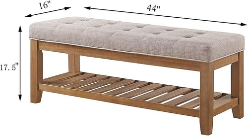 24KF Large Rectangular Upholstered Tufted Linen Fabric Ottoman Bench, Padded Bench with Solid Wood Shelf-Linen
