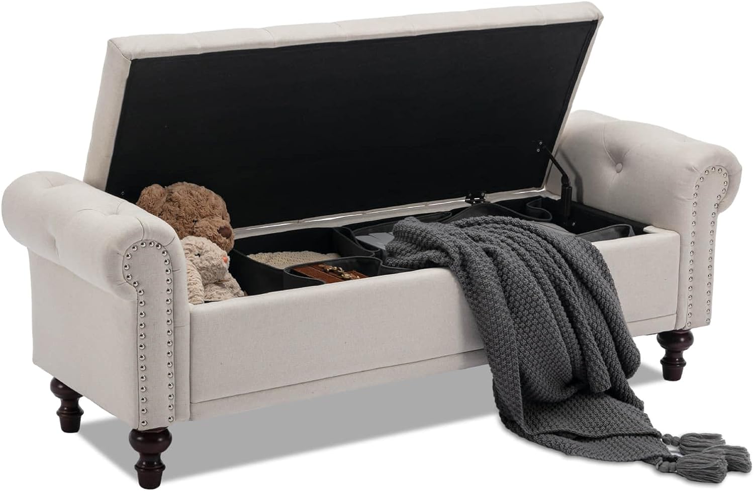 58.1" Storage Bench Upholstered Linen End of Bedroom Bed Bench Ottoman with Tufted Cushioned Rolled Arm Large Storage Space for Reading Living Room Entryway, Beige