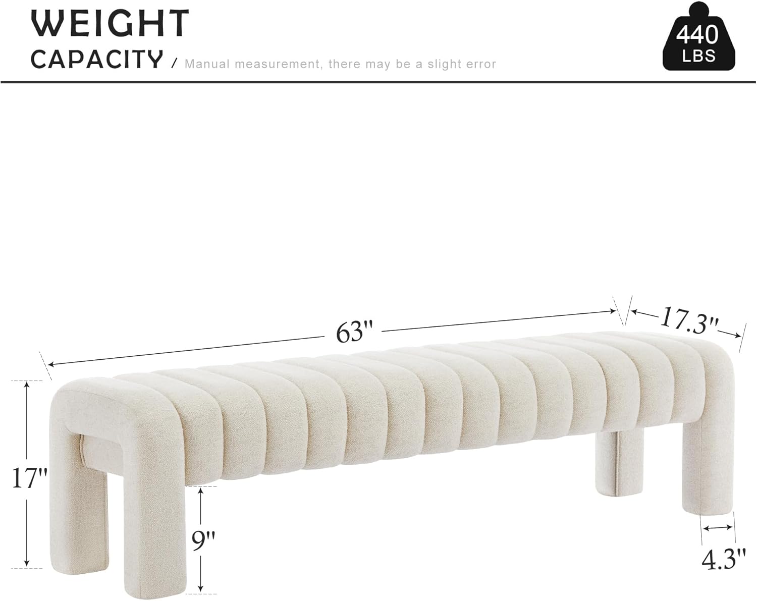 63" Bedroom Bench, Upholstered Entryway Bench, Modern End of Bed Ottoman with Solid Wood Legs and Adjustable Foot Pegs for Entryway, Dining Room and Living Room (Beige Linen)