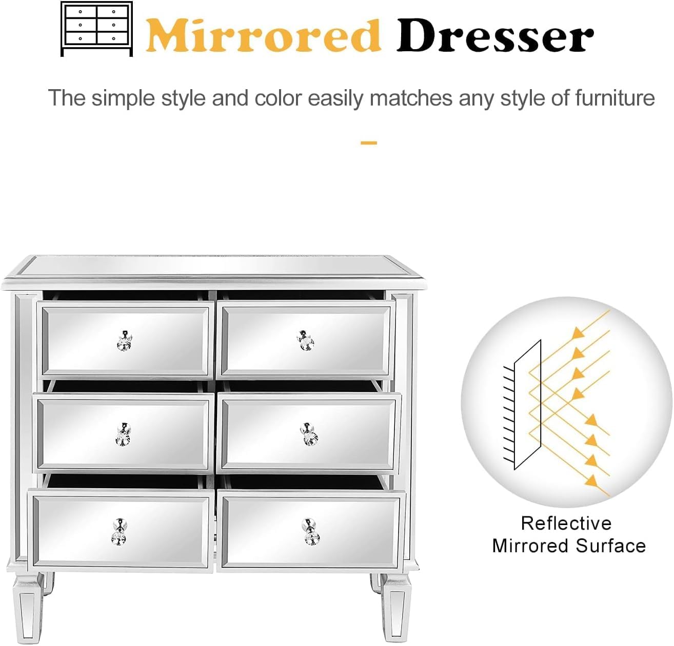 Bonnlo Mirrored Dresser 6 Mirror Drawers, Mirrored Cabinet, Glass Mirror Dresser for Bedroom, Modern Chest of Drawers, Silver, 32”L x 12”W x 28”H