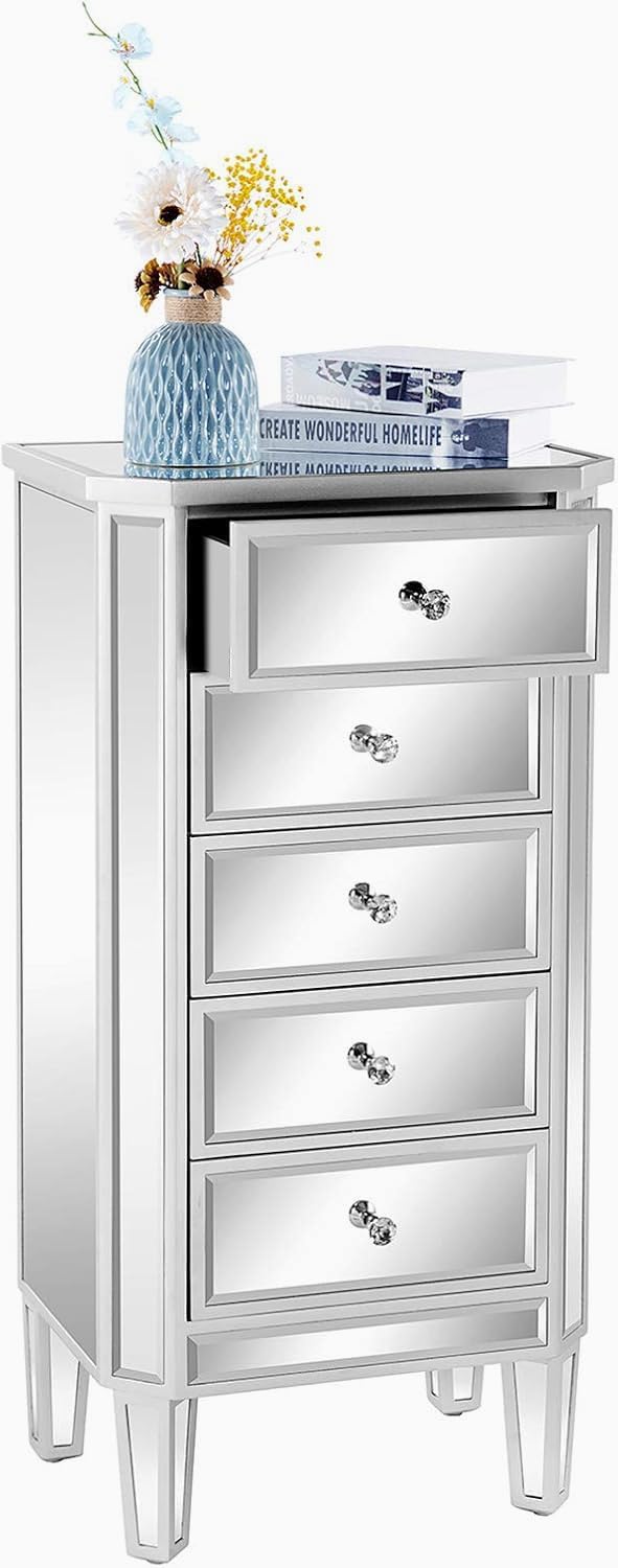 VINGLI VNGLI Mirrored Dresser 5 Drawers Modern Chest, Mirrored Chest of Drawers, Glass Dresser for Bedroom, Dressing Room, Living Room, Silver