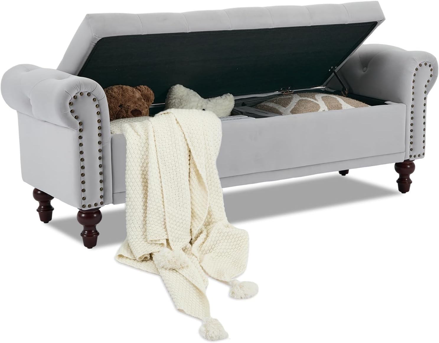 58.1" Storage Bench Upholstered Linen End of Bedroom Bed Bench Ottoman with Tufted Cushioned Rolled Arm Large Storage Space for Reading Living Room Entryway, Beige