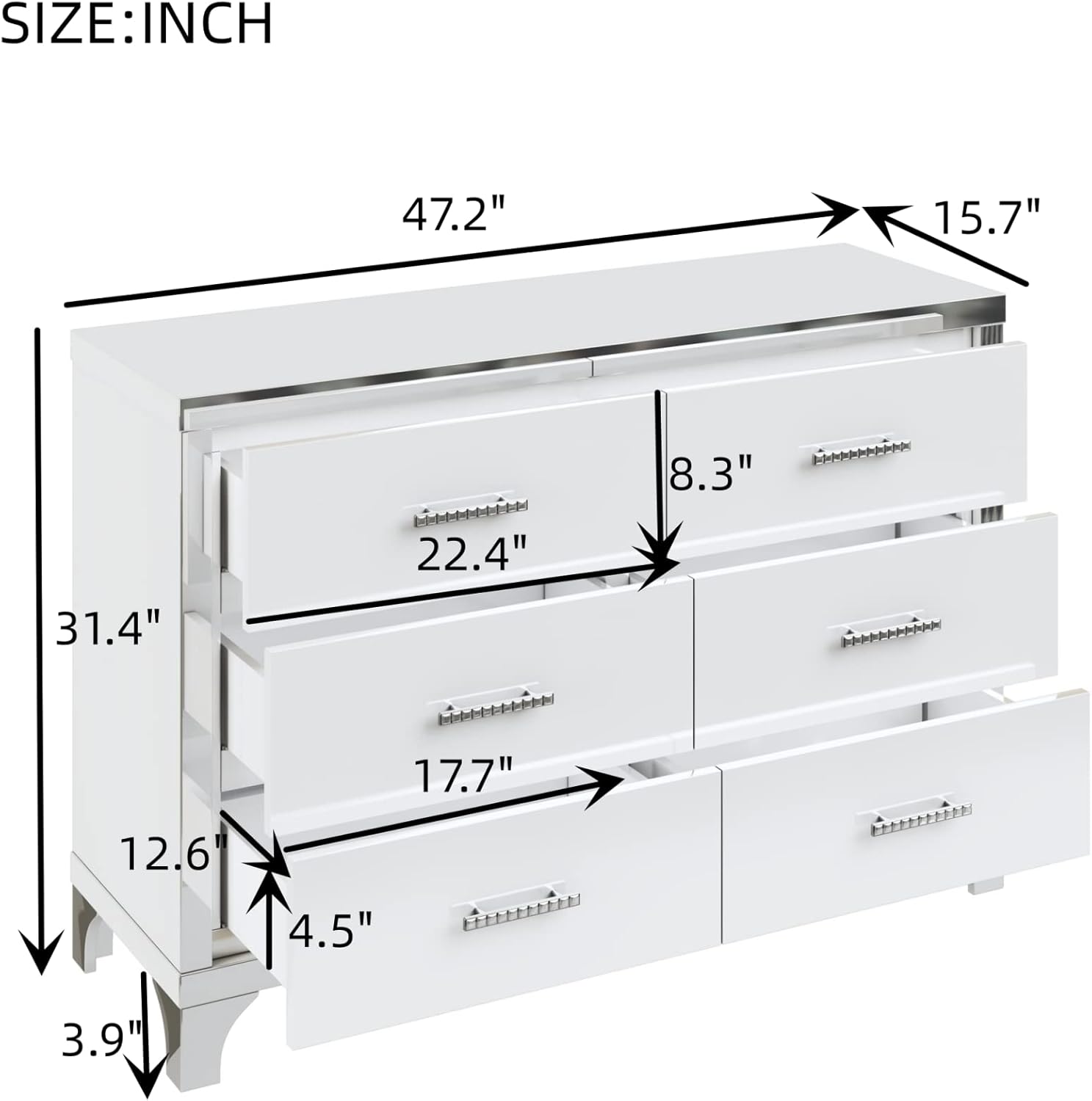 Elegant High Gloss Dresser with Metal Handle,Mirrored Storage Cabinet with 6 Drawers for Bedroom,Living Room,White