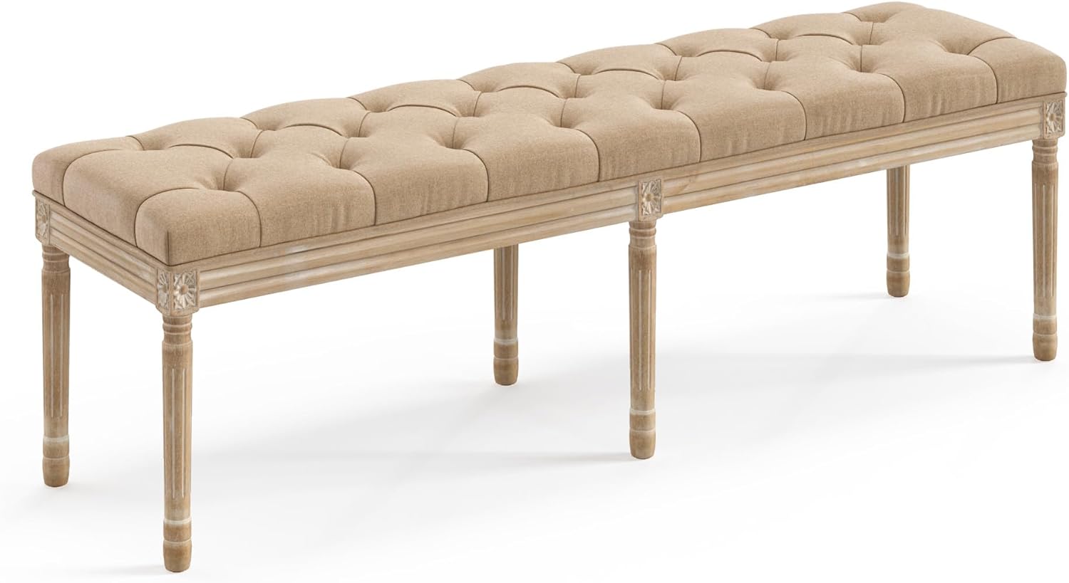 LUE BONA 60" Fabric End of Bed Bench, Upholstered Tufted French Bedroom Bench with Carved Dark Brown Legs for Bedroom End of King Size Bed, Living Room, Linen