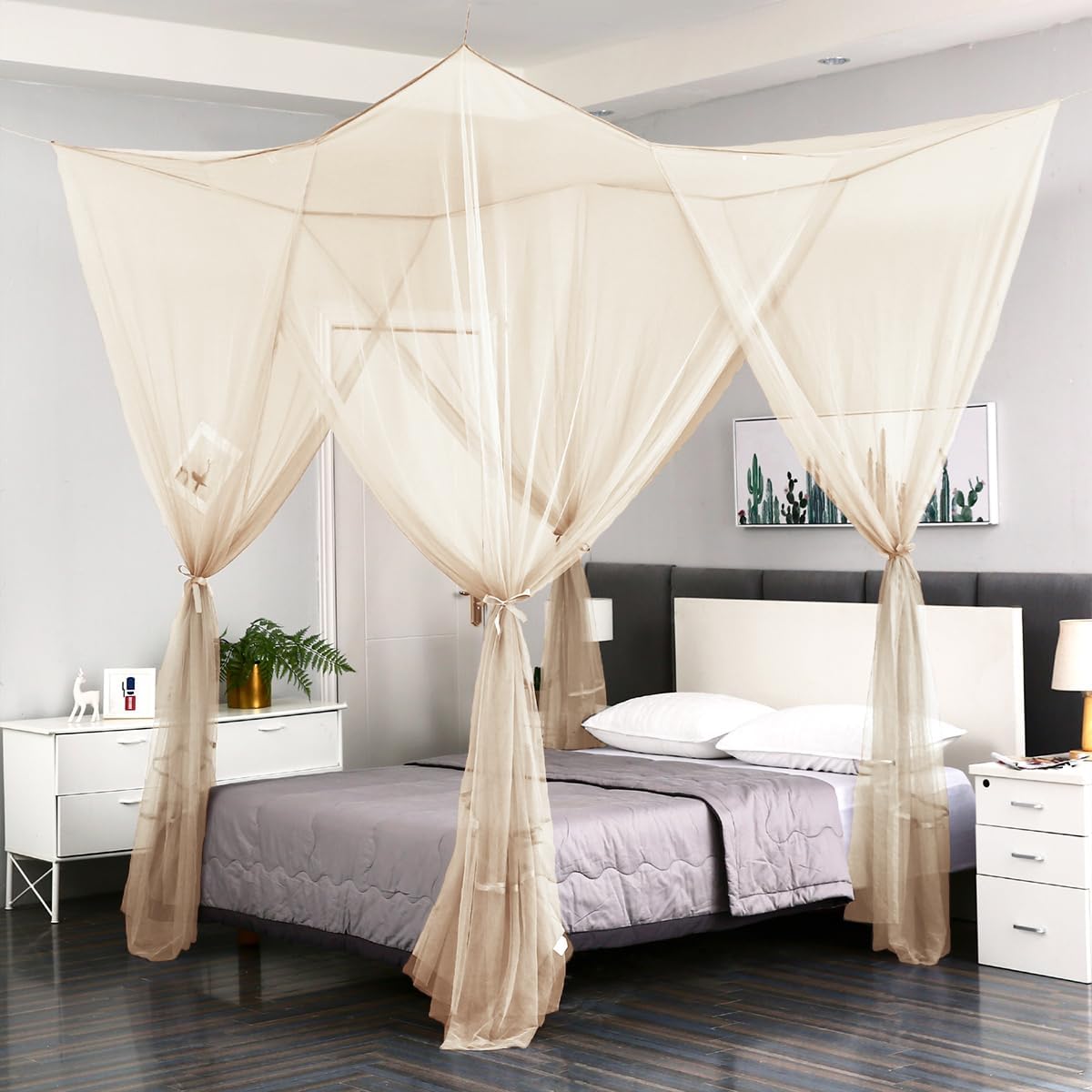 Mengersi 4 Corner Post Elegant Canopy Bed Curtains for Full Queen King Bed,Mosquito Net Suitable for Indoor Outdoor Net(Gray, L87xW79xH98 inch)