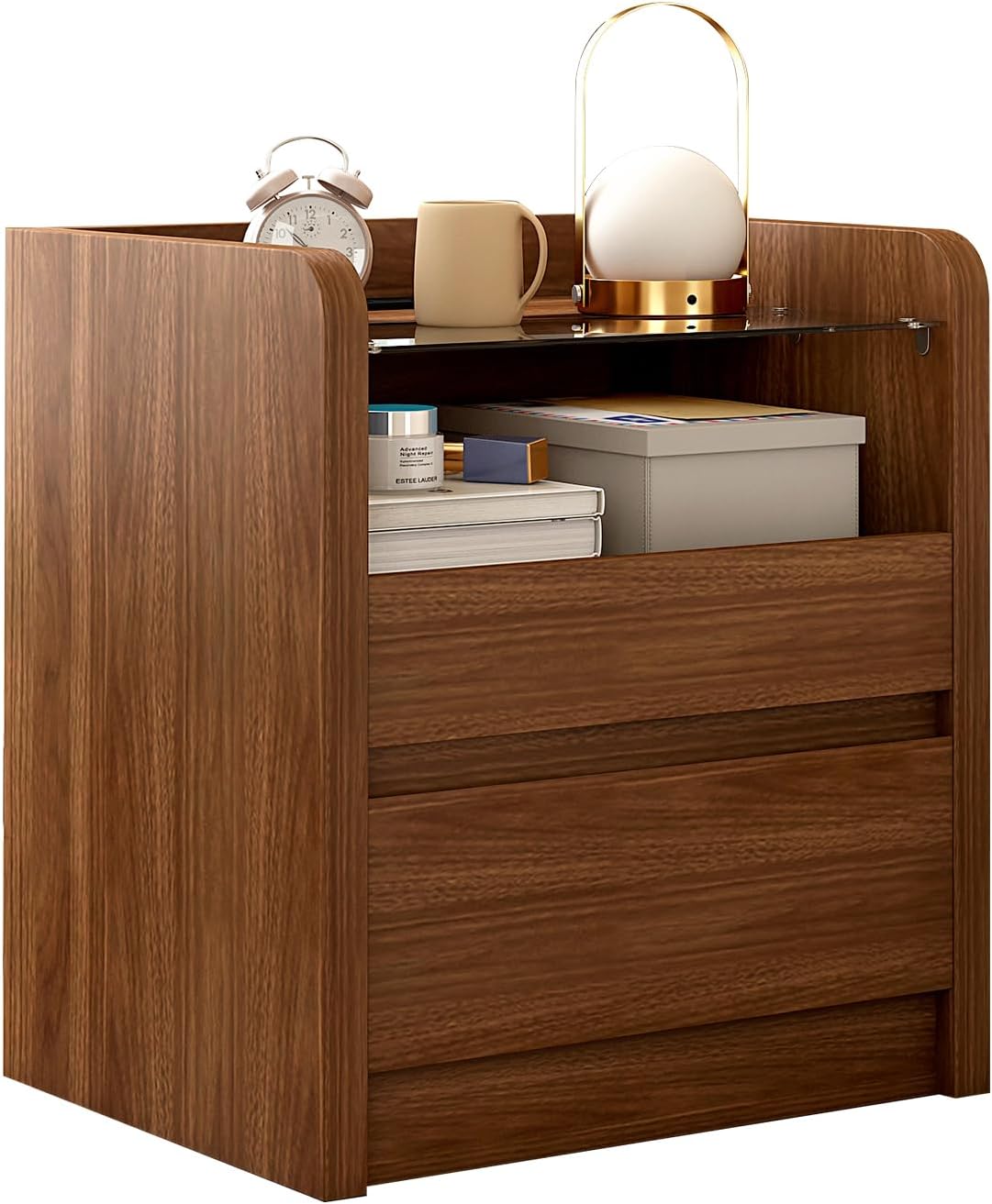 Walnut Nightstand Set of 2 with Charging Station, 21 Inch Wide Night Stand with Drawers, Modern Bedroom Bedside End Table with Round Corners Anti-Collision Design for Dorm, Sofa, Office