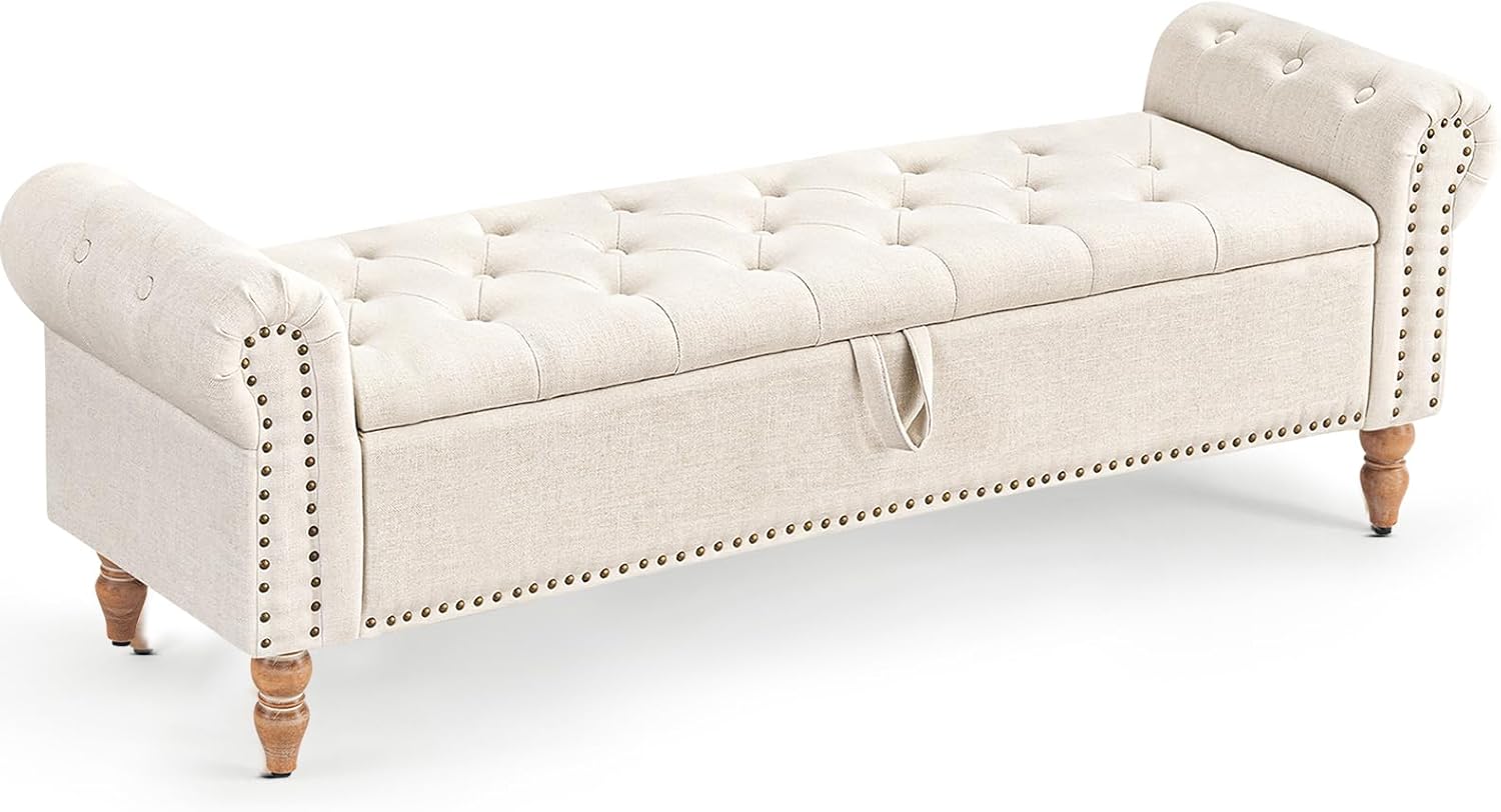 Furniliving 51” Storage Benches, End of Bed Bench with Button-Tufted Large Upholstered Storage Ottoman Linen Window Bench with Storage Shoe Cabinet Bench, for Bedroom, Entryway, Closet, Beige