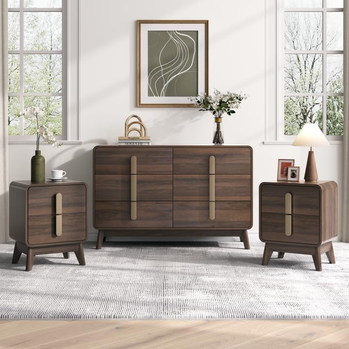 Nightstands Set of 2, Mid Century Modern Nightstand with Drawers, Bedside Tables with Solid Wood Legs, End Side Tables for Bedroom, Small Space,Walnut