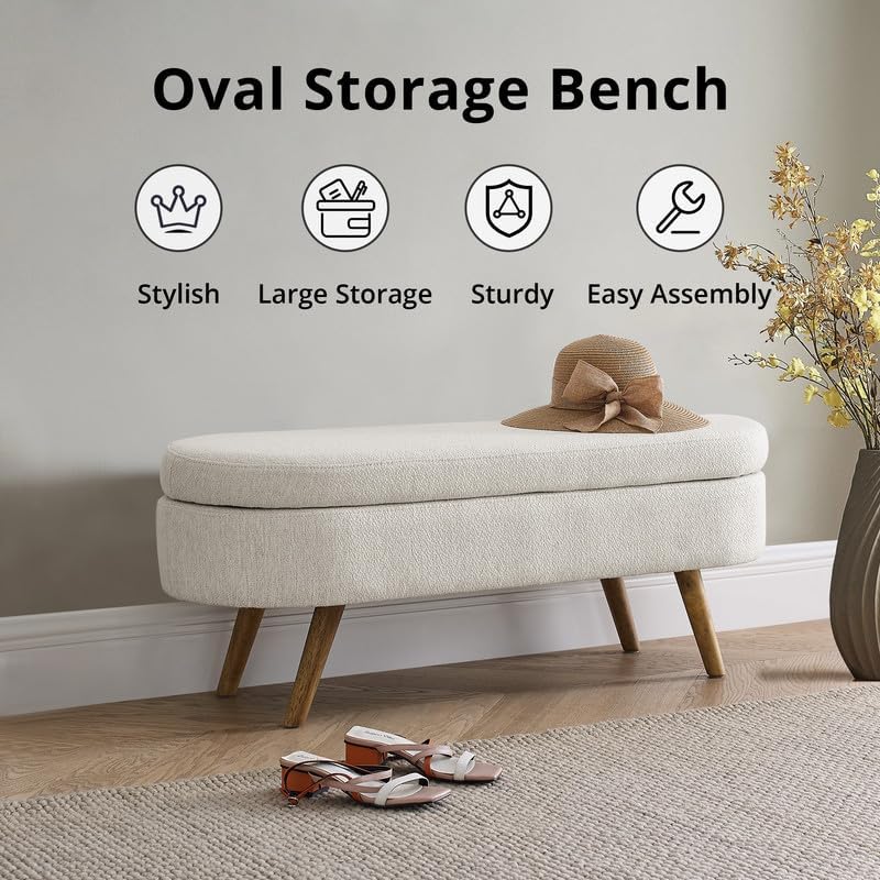 Oval Storage Ottoman Bench, 43.5 Inches Ottoman with Storage, Linen Upholstered Bench with Storage, Safety Hinge Flip Top, Solid Wood Legs for Living Room, Entryway, 250 lbs Load, Beige