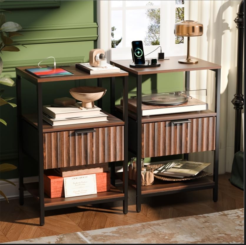 VINGLI Night Stand Set 2, Fluted Nightstands with Drawer, Mid Century Modern Nightstands Set of 2, Bedside Table, End Table, Wood Nightstand for Bedroom, Walnut, 15.75" W*11.81" D*21.85" H