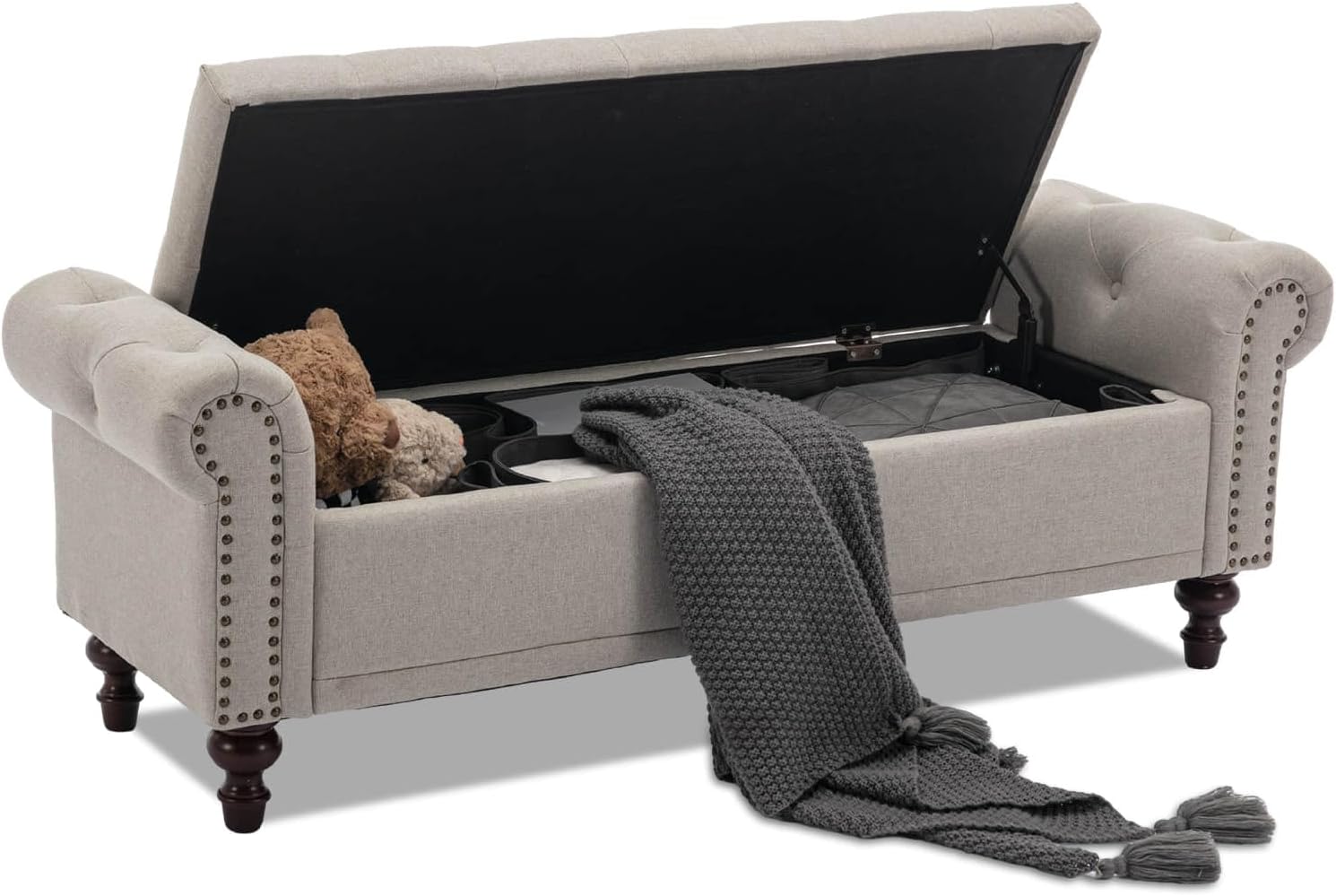 58.1" Storage Bench Upholstered Linen End of Bedroom Bed Bench Ottoman with Tufted Cushioned Rolled Arm Large Storage Space for Reading Living Room Entryway, Beige