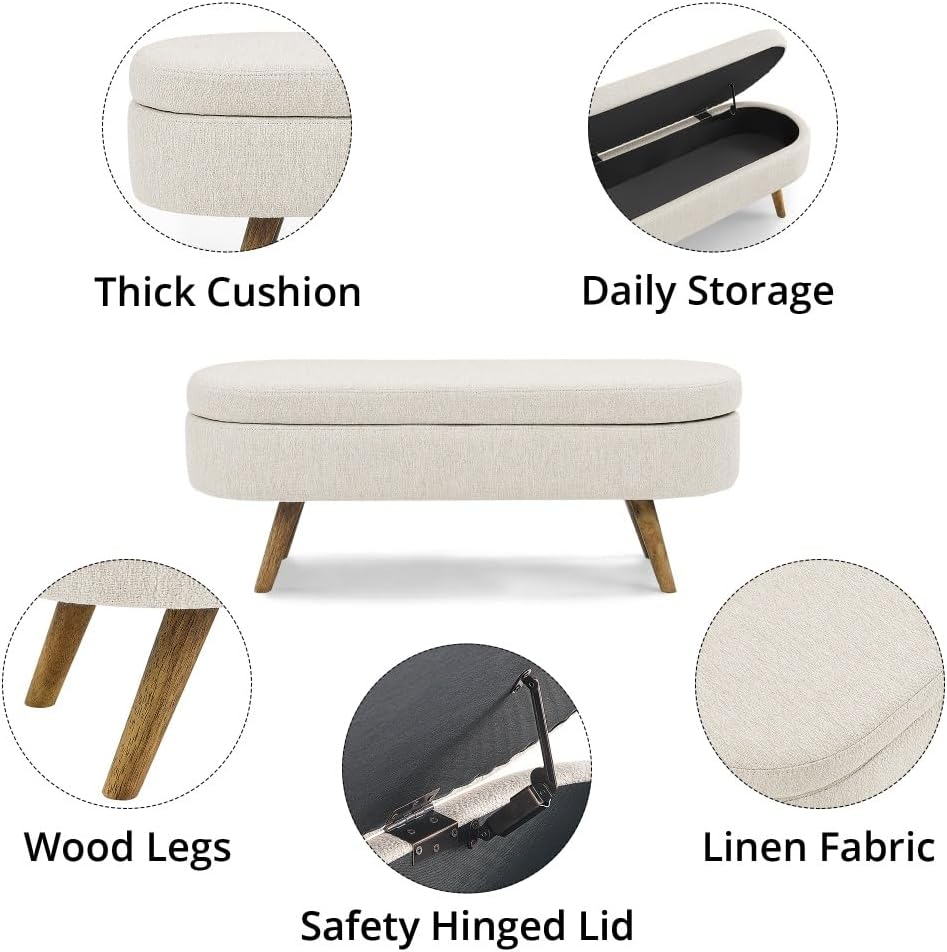 Oval Storage Ottoman Bench, 43.5 Inches Ottoman with Storage, Linen Upholstered Bench with Storage, Safety Hinge Flip Top, Solid Wood Legs for Living Room, Entryway, 250 lbs Load, Beige