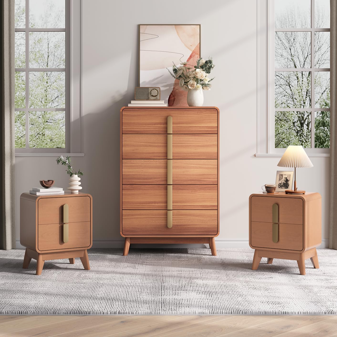 Nightstands Set of 2, Mid Century Modern Nightstand with Drawers, Bedside Tables with Solid Wood Legs, End Side Tables for Bedroom, Small Space,Walnut