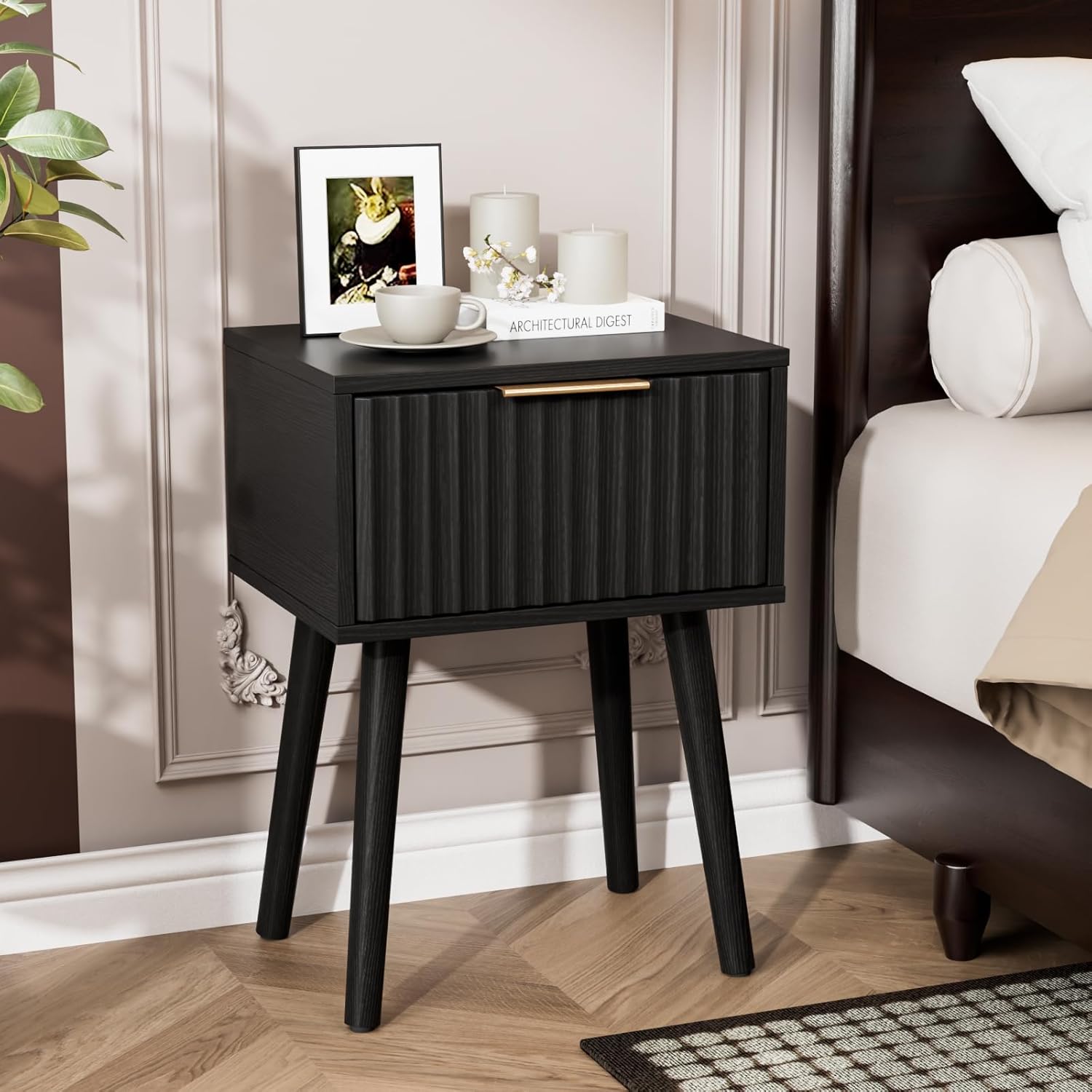 VINGLI Night Stand Set 2, Fluted Nightstands with Drawer, Mid Century Modern Nightstands Set of 2, Bedside Table, End Table, Wood Nightstand for Bedroom, Walnut, 15.75" W*11.81" D*21.85" H