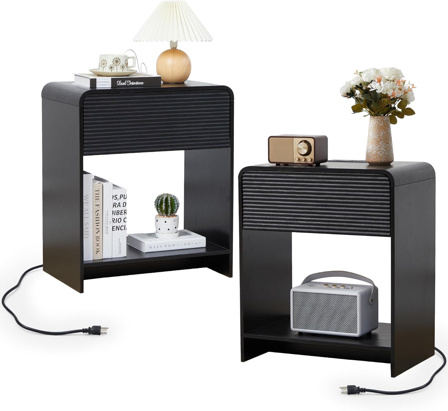 Fluted Nightstand Set of 2 with Charging Station, Modern Bed Side Table End Table with Drawer Storage, Large Wooden Night Stands Bedside for Bedroom Living Room Sofa Office, Walnut 2 Sets