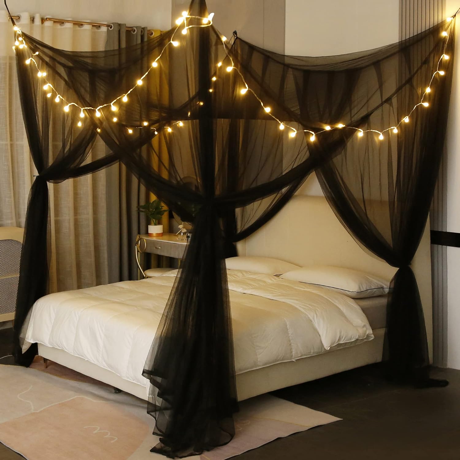 Mengersi 4 Corner Post Elegant Canopy Bed Curtains for Full Queen King Bed,Mosquito Net Suitable for Indoor Outdoor Net(Gray, L87xW79xH98 inch)
