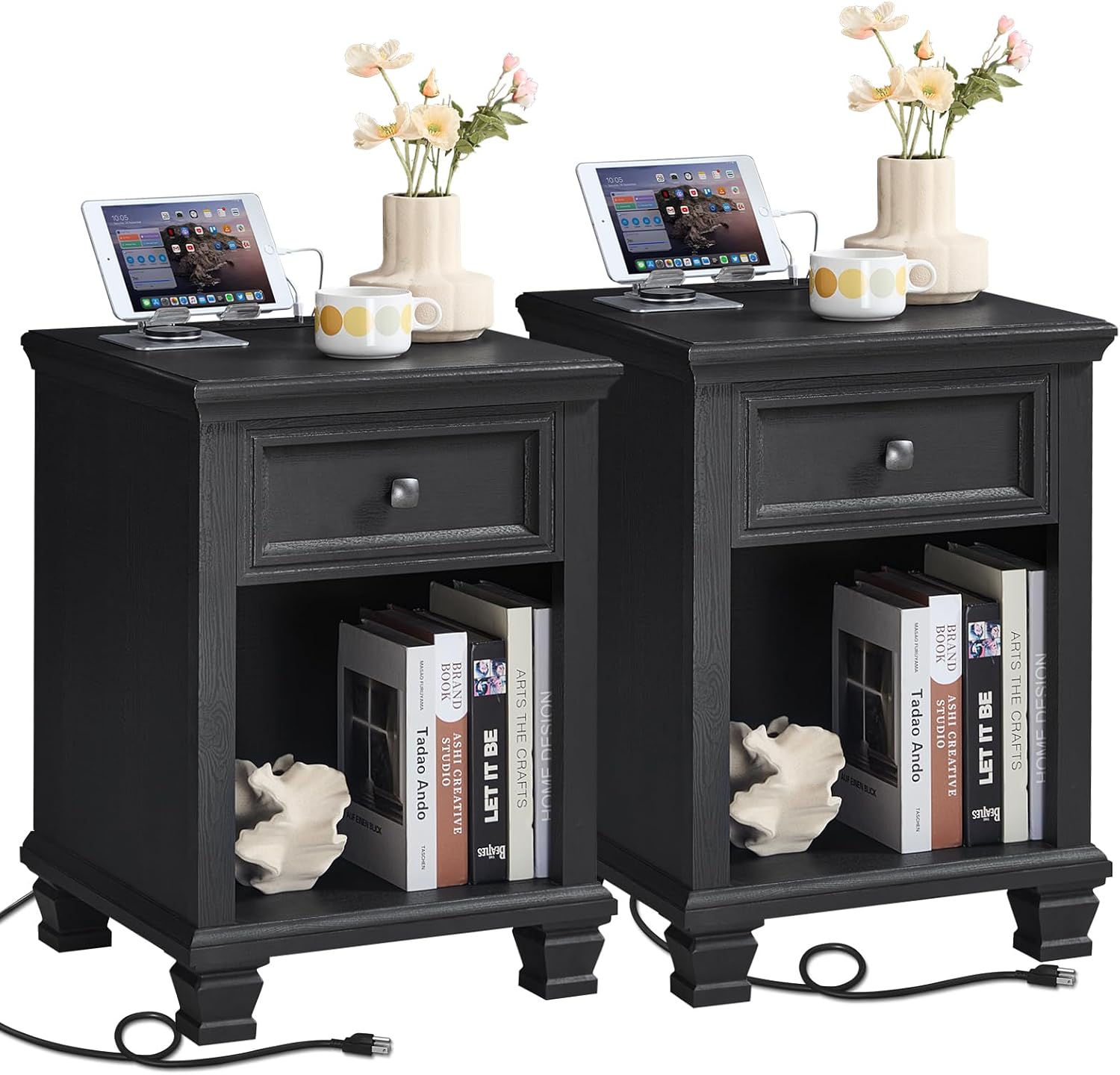 Farmhouse Nightstand Set of 2 with Charging Station, Rustic Brown Nightstand, 2 Drawers End Table, Bedside Table with Open Shelf for Bedroom, Walnut