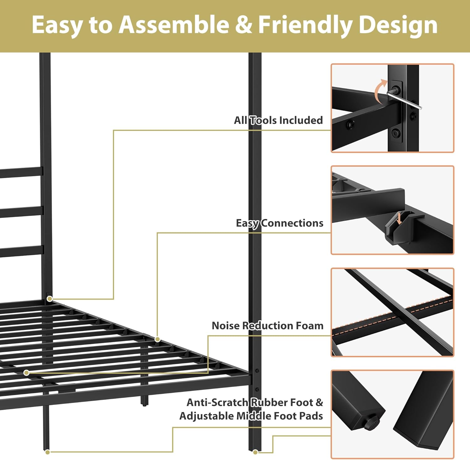 SUPER DEAL Queen Size Canopy Bed Frame, Metal Bedframe with Built-in Headboard Four Poster 14 Inch Platform Mattress Foundation Sturdy Slatted Structure No Box Spring Needed Easy Assembly, Black