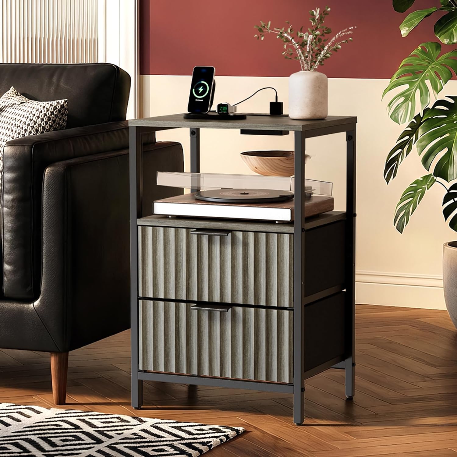 VINGLI Night Stand Set 2, Fluted Nightstands with Drawer, Mid Century Modern Nightstands Set of 2, Bedside Table, End Table, Wood Nightstand for Bedroom, Walnut, 15.75" W*11.81" D*21.85" H