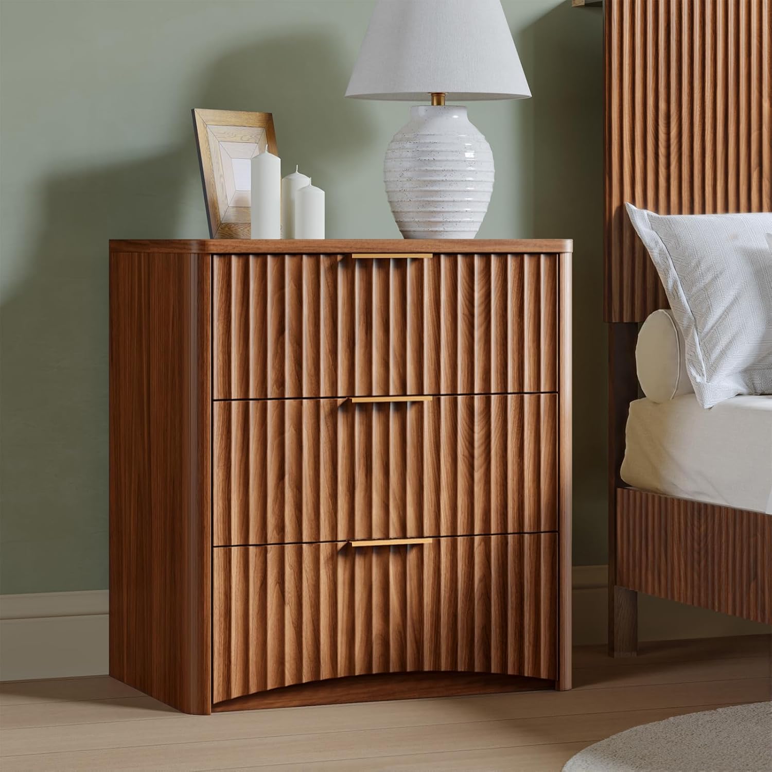 Evermagin Fluted Nightstand Set of 2, Walnut Bedside Table with Drawer and Storage, Wood End Table Mid Century Modern, Large Night Stand for Bedroom