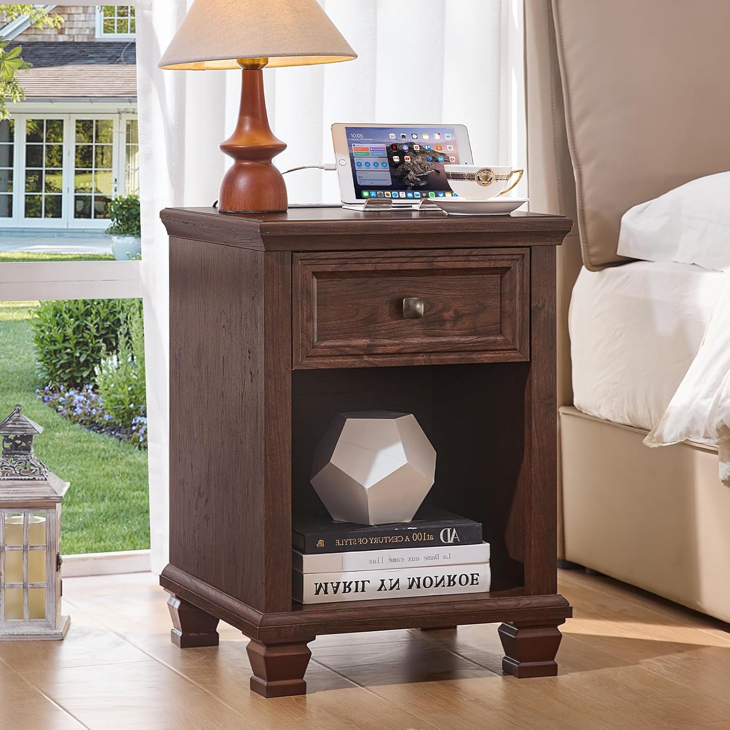 Farmhouse Nightstand Set of 2 with Charging Station, Rustic Brown Nightstand, 2 Drawers End Table, Bedside Table with Open Shelf for Bedroom, Walnut