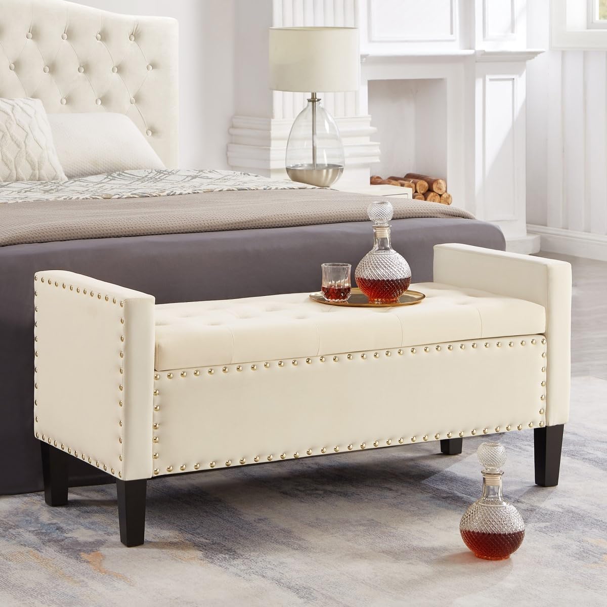 24KF Large Rectangular Upholstered Tufted Linen Fabric Ottoman Bench, Padded Bench with Solid Wood Shelf-Linen