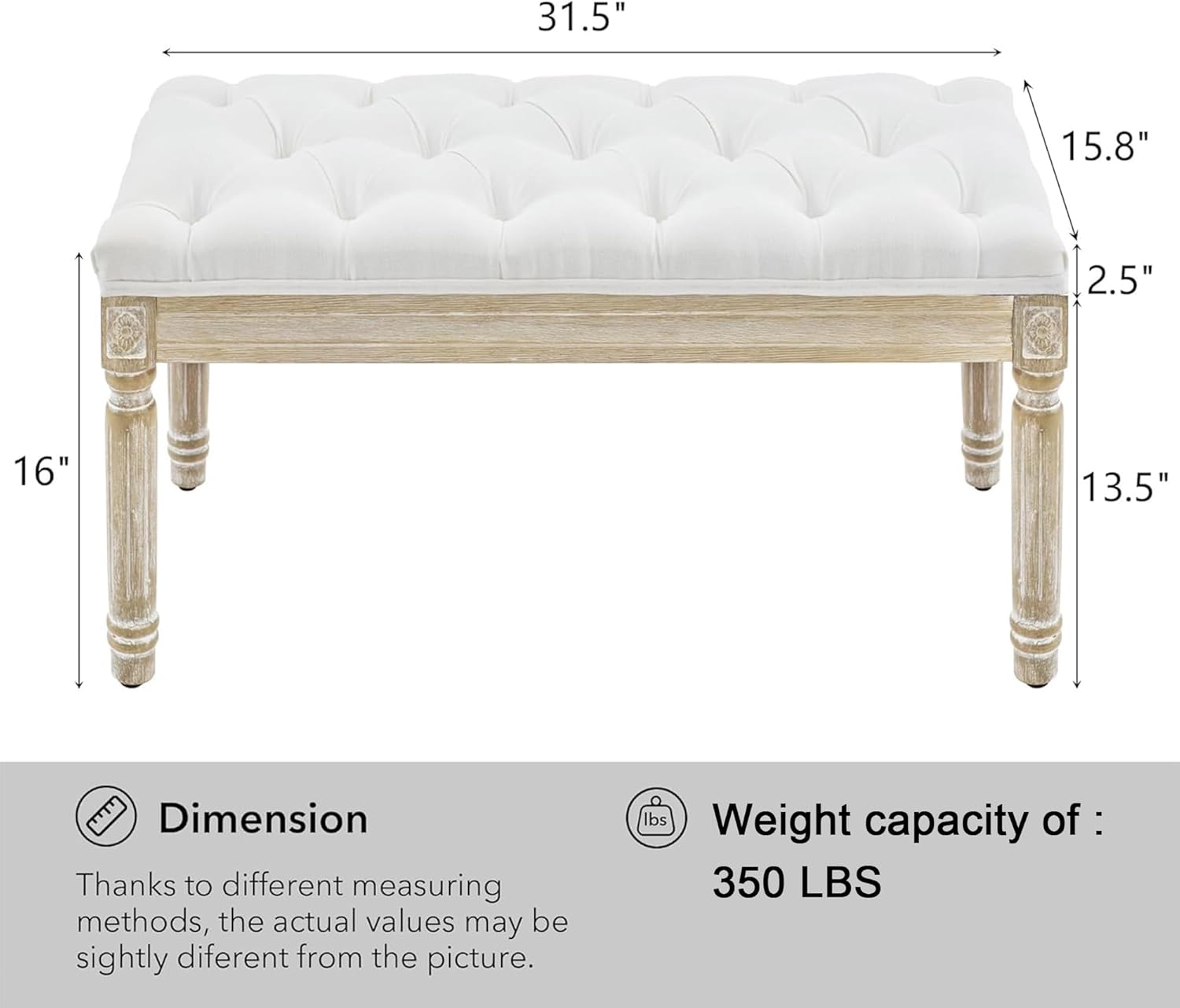 LOULENS French Vintage Bench, Linen Fabric Entryway Bench, Upholstered Tufted End of Bed Bench with Brushed Wood Legs, White