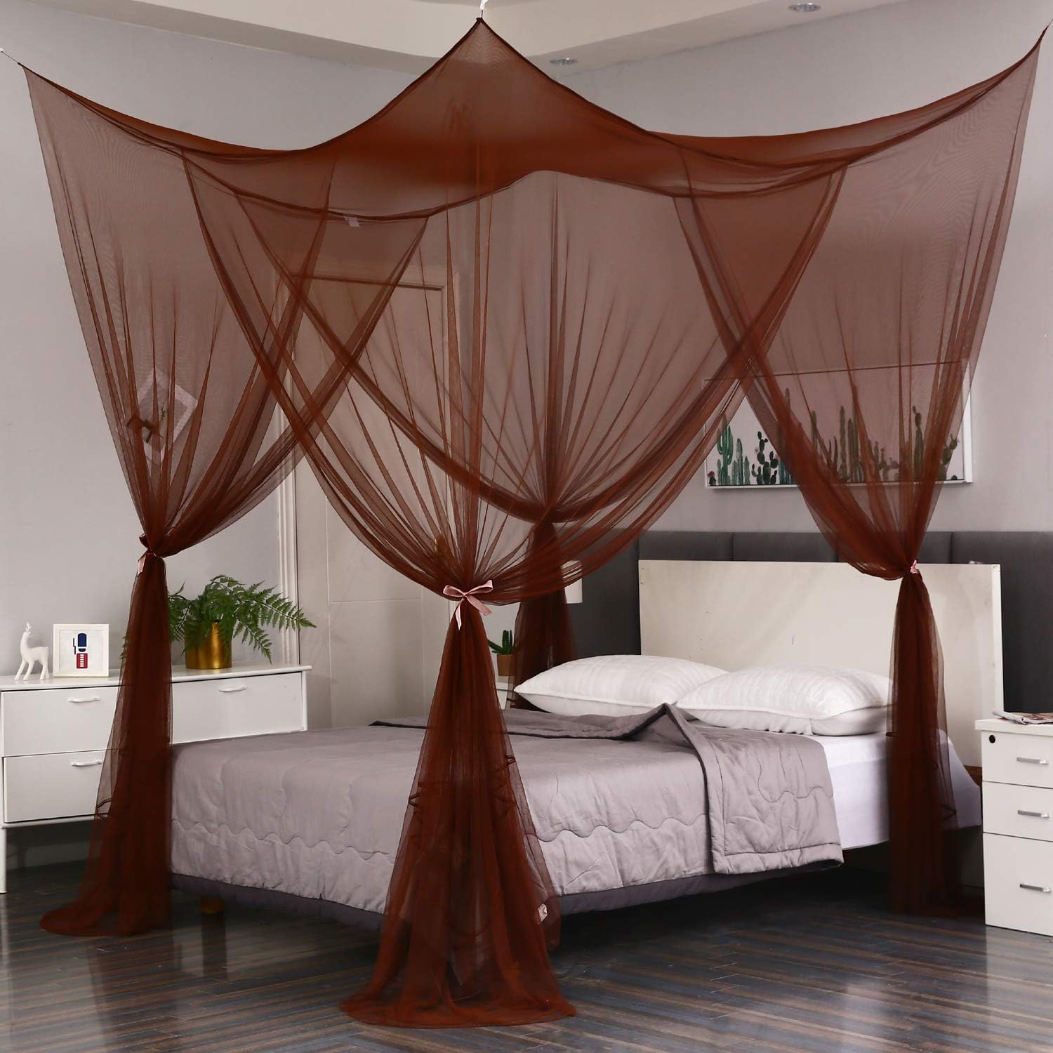 Mengersi 4 Corner Post Elegant Canopy Bed Curtains for Full Queen King Bed,Mosquito Net Suitable for Indoor Outdoor Net(Gray, L87xW79xH98 inch)