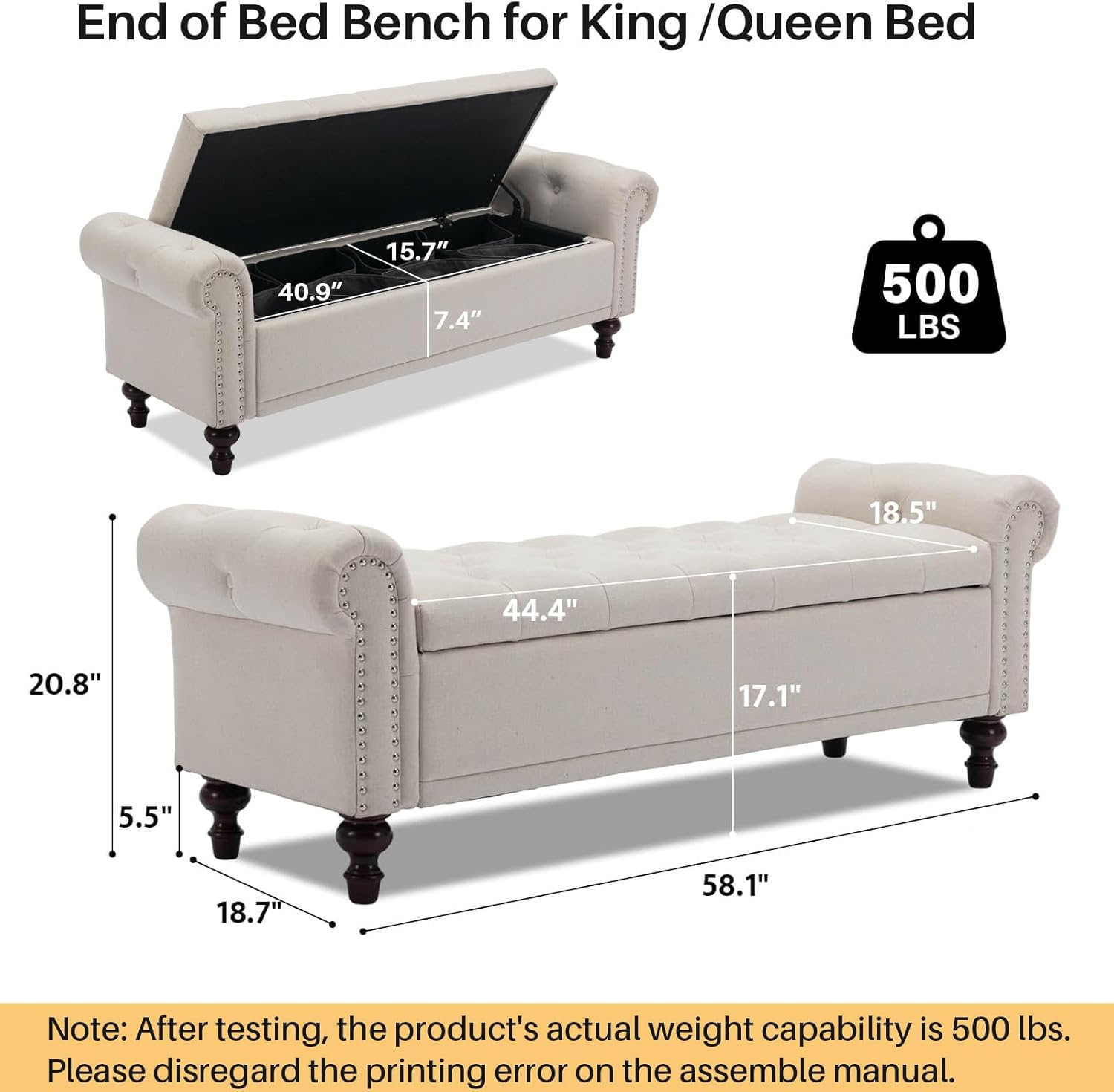 58.1" Storage Bench Upholstered Linen End of Bedroom Bed Bench Ottoman with Tufted Cushioned Rolled Arm Large Storage Space for Reading Living Room Entryway, Beige