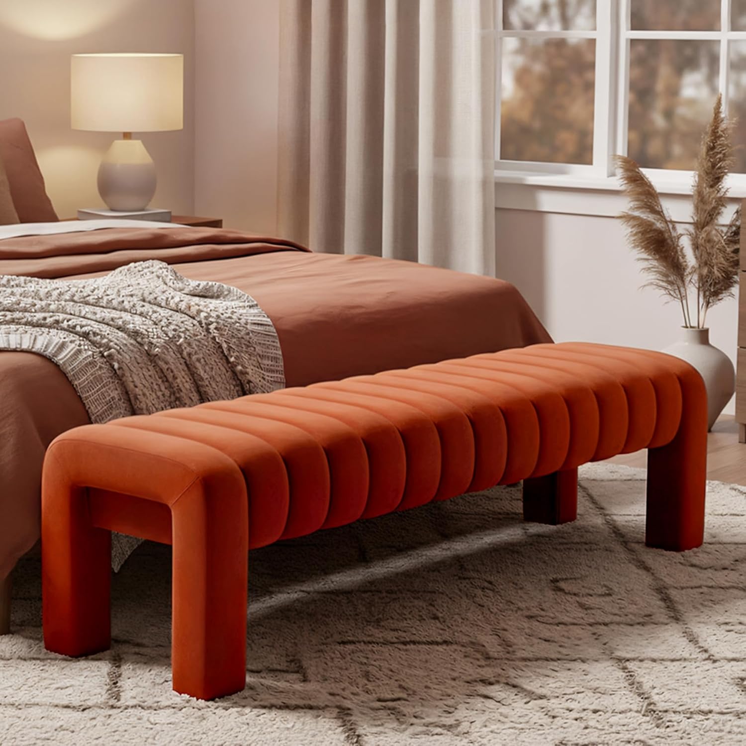 63" Bedroom Bench, Upholstered Entryway Bench, Modern End of Bed Ottoman with Solid Wood Legs and Adjustable Foot Pegs for Entryway, Dining Room and Living Room (Beige Linen)