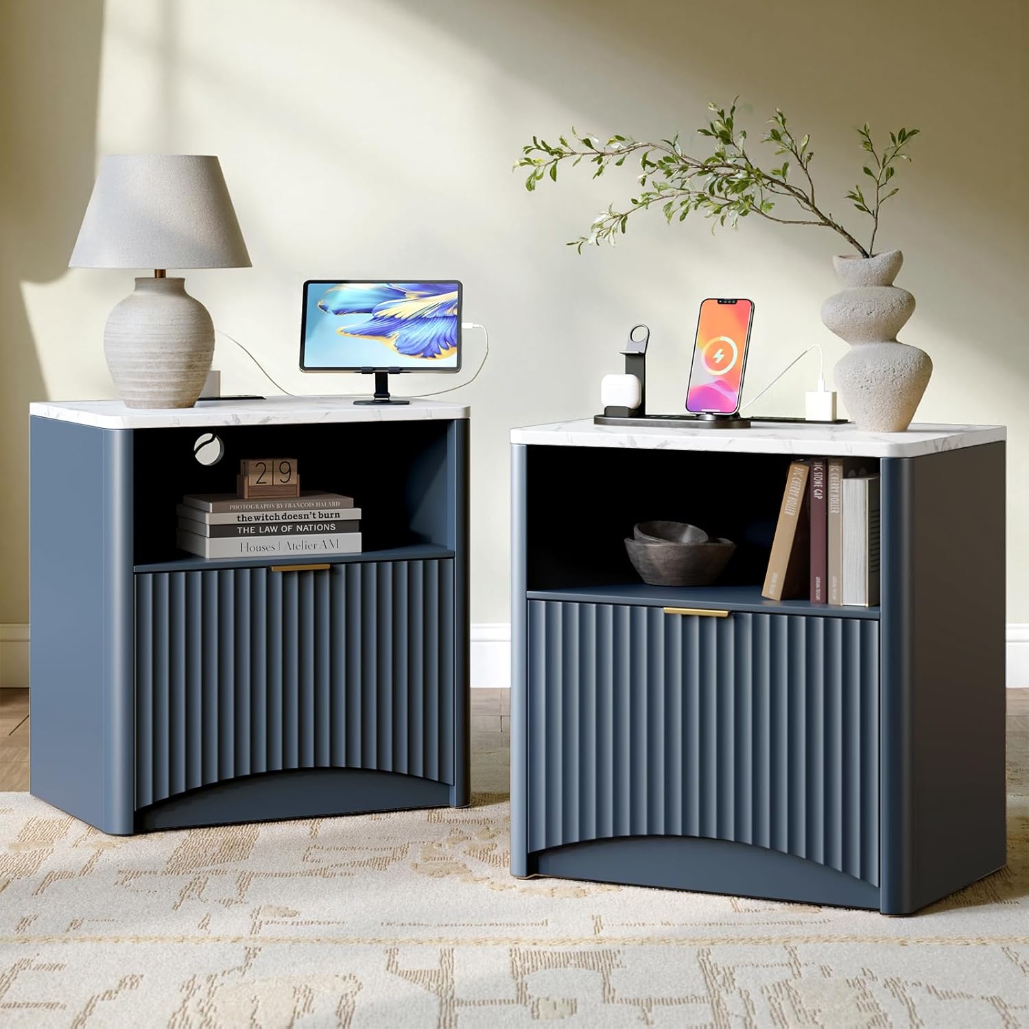 Evermagin Fluted Nightstand Set of 2, Walnut Bedside Table with Drawer and Storage, Wood End Table Mid Century Modern, Large Night Stand for Bedroom