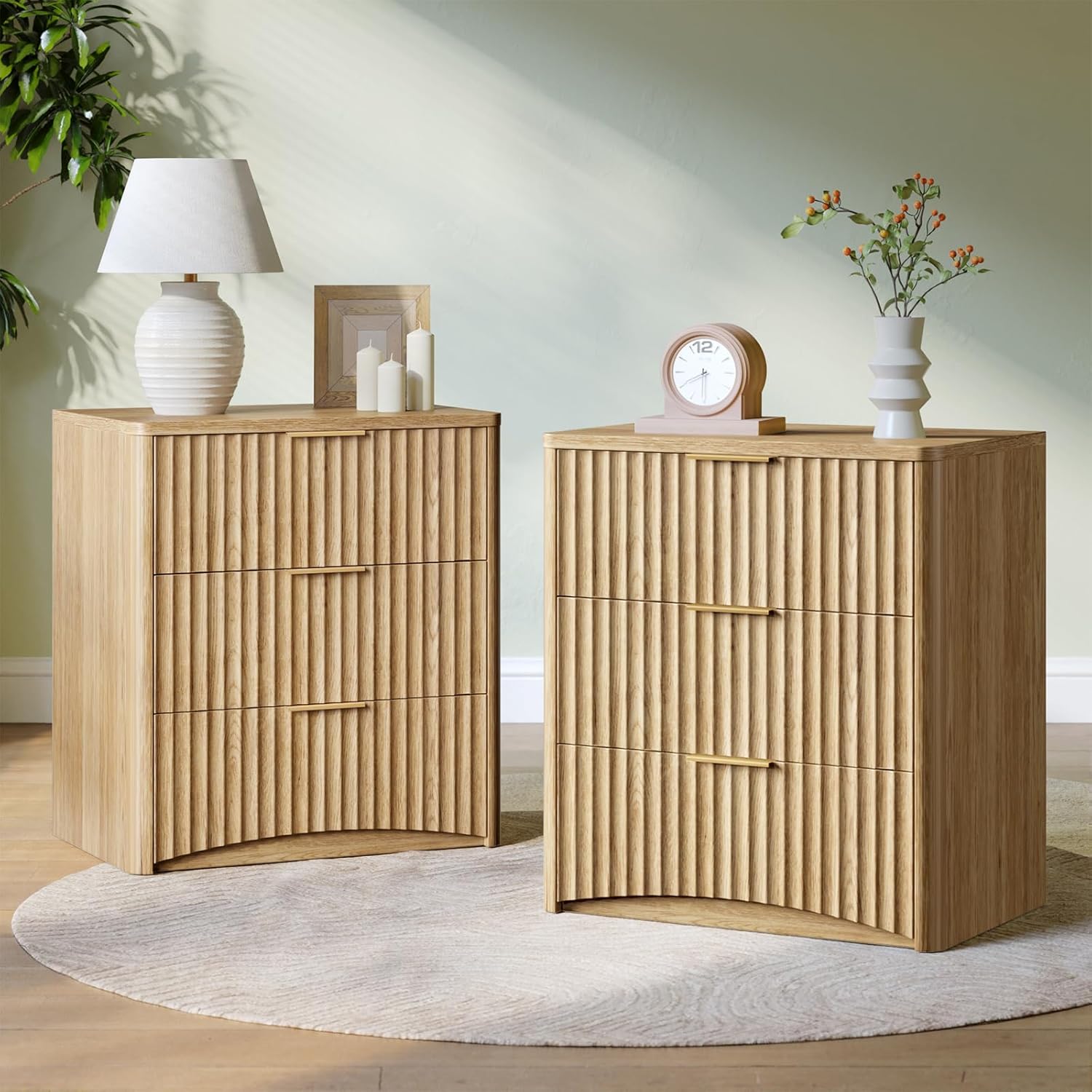 Evermagin Fluted Nightstand Set of 2, Walnut Bedside Table with Drawer and Storage, Wood End Table Mid Century Modern, Large Night Stand for Bedroom