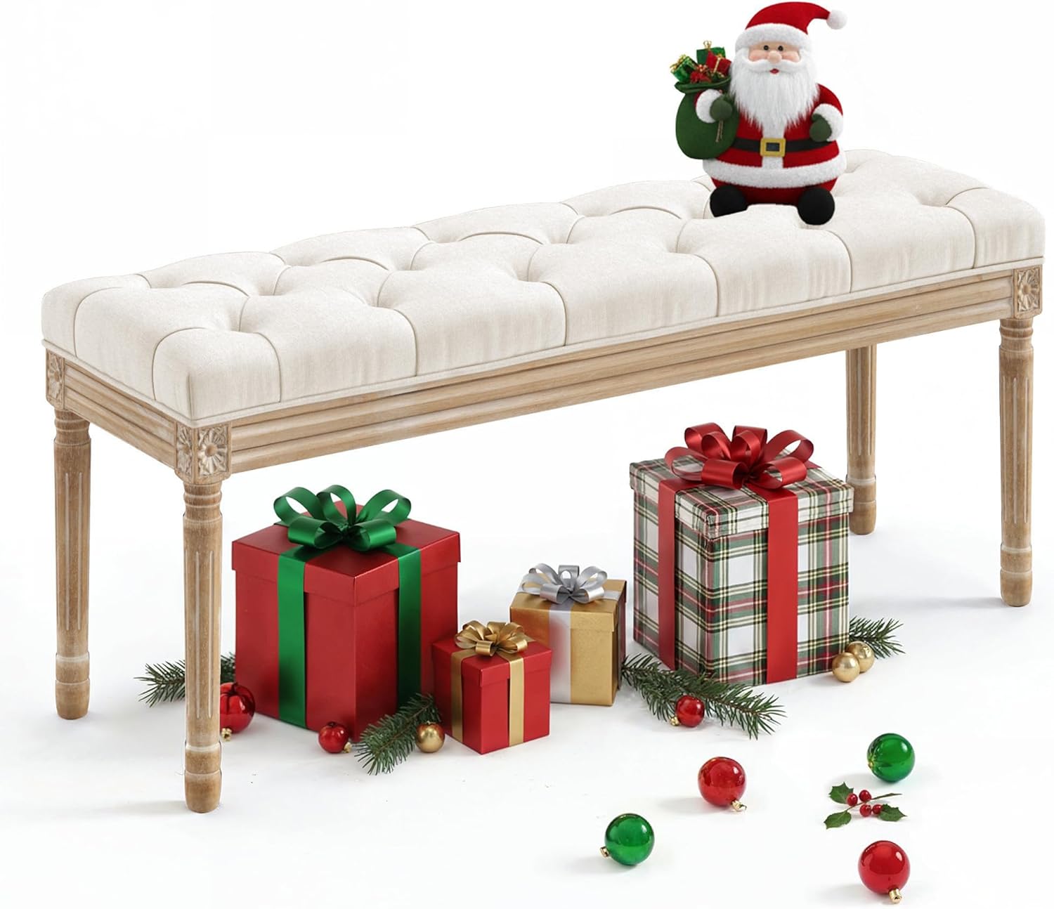 LUE BONA 60" Fabric End of Bed Bench, Upholstered Tufted French Bedroom Bench with Carved Dark Brown Legs for Bedroom End of King Size Bed, Living Room, Linen