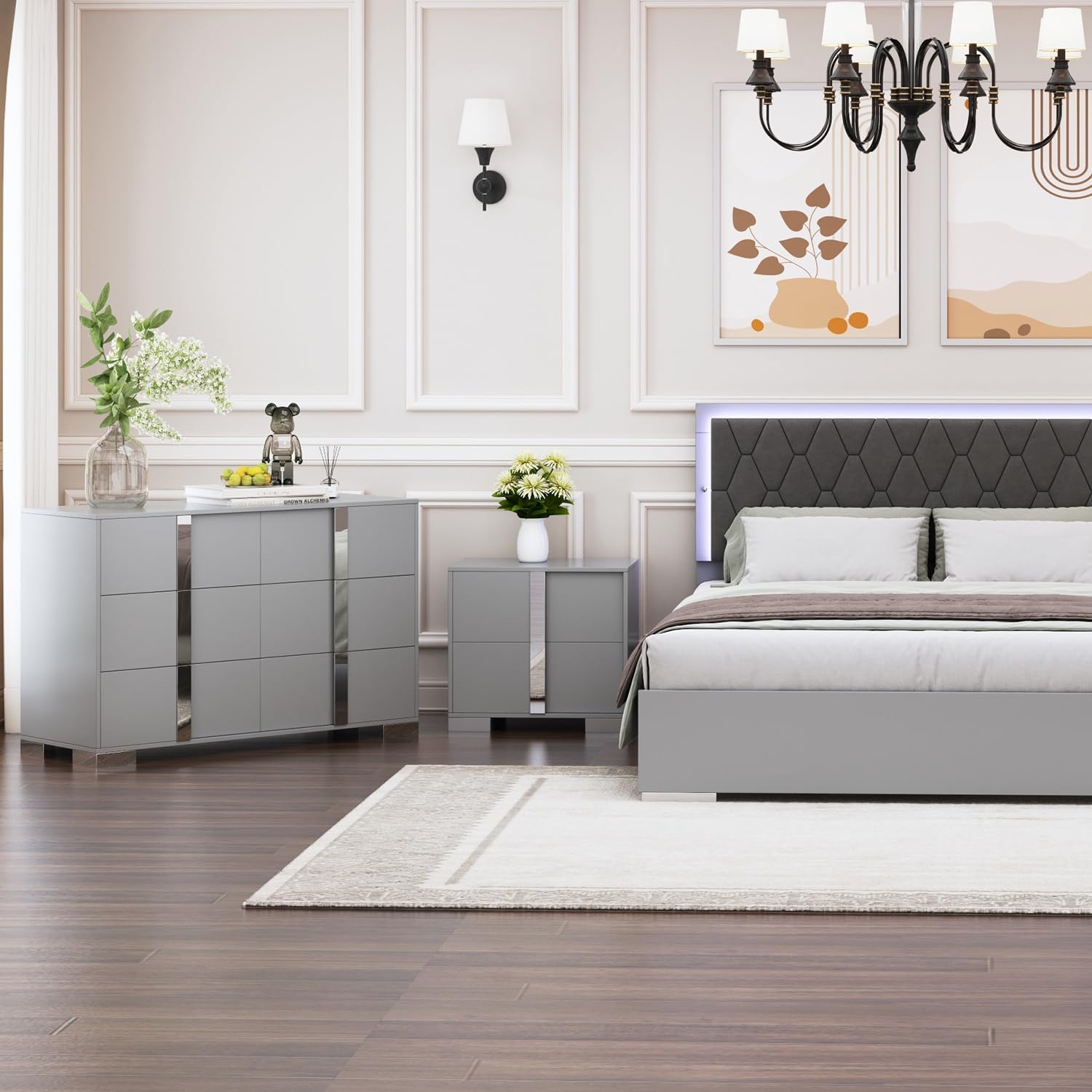 Merax 6 Drawer Wood Dresser for Bedroom, Modern Storage Cabinet Chests with Mirrored Metal Handle Office Furniture, Grey