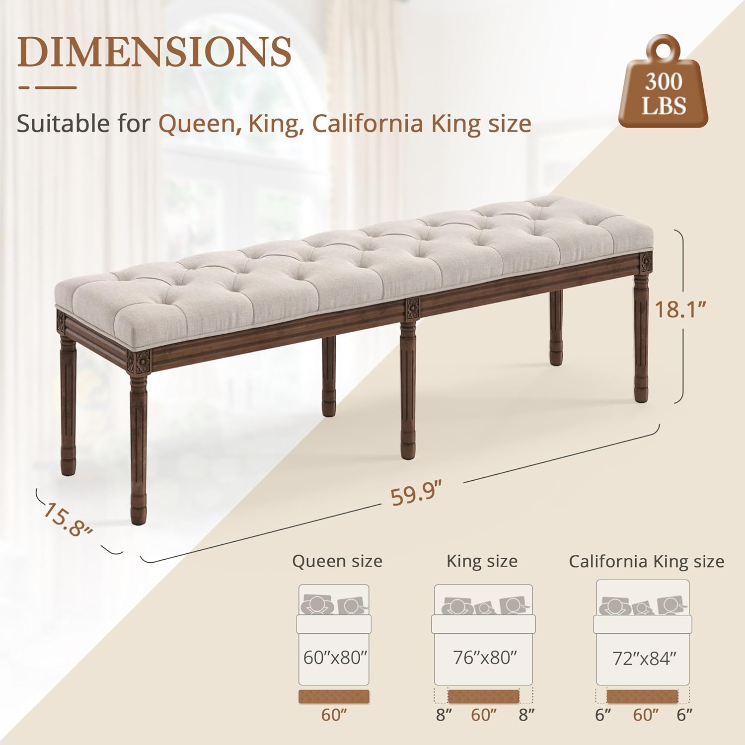LUE BONA 60" Fabric End of Bed Bench, Upholstered Tufted French Bedroom Bench with Carved Dark Brown Legs for Bedroom End of King Size Bed, Living Room, Linen